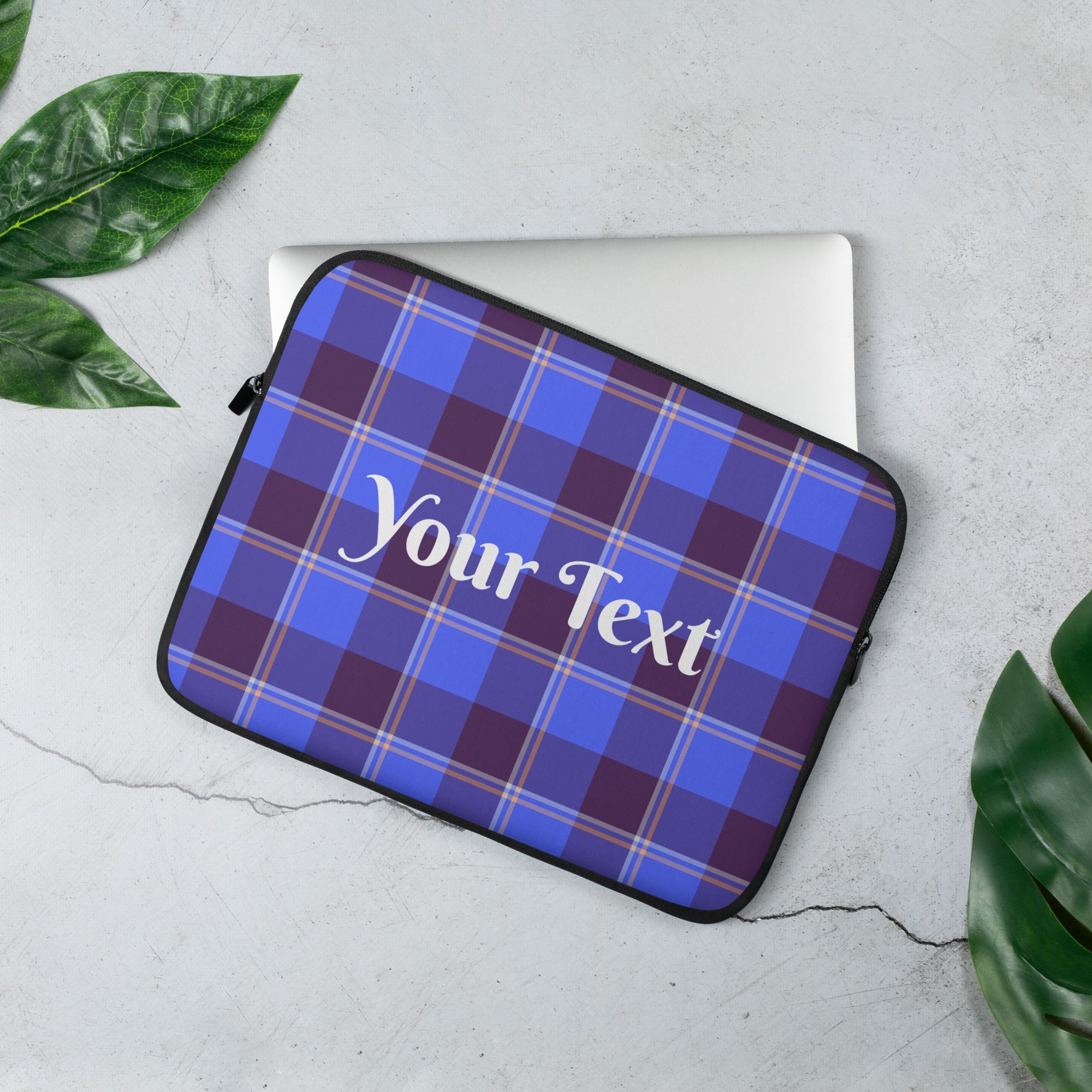 Personalized Cornflower Blue and Livid Brown Plaid Laptop Sleeve - Scottish Squares