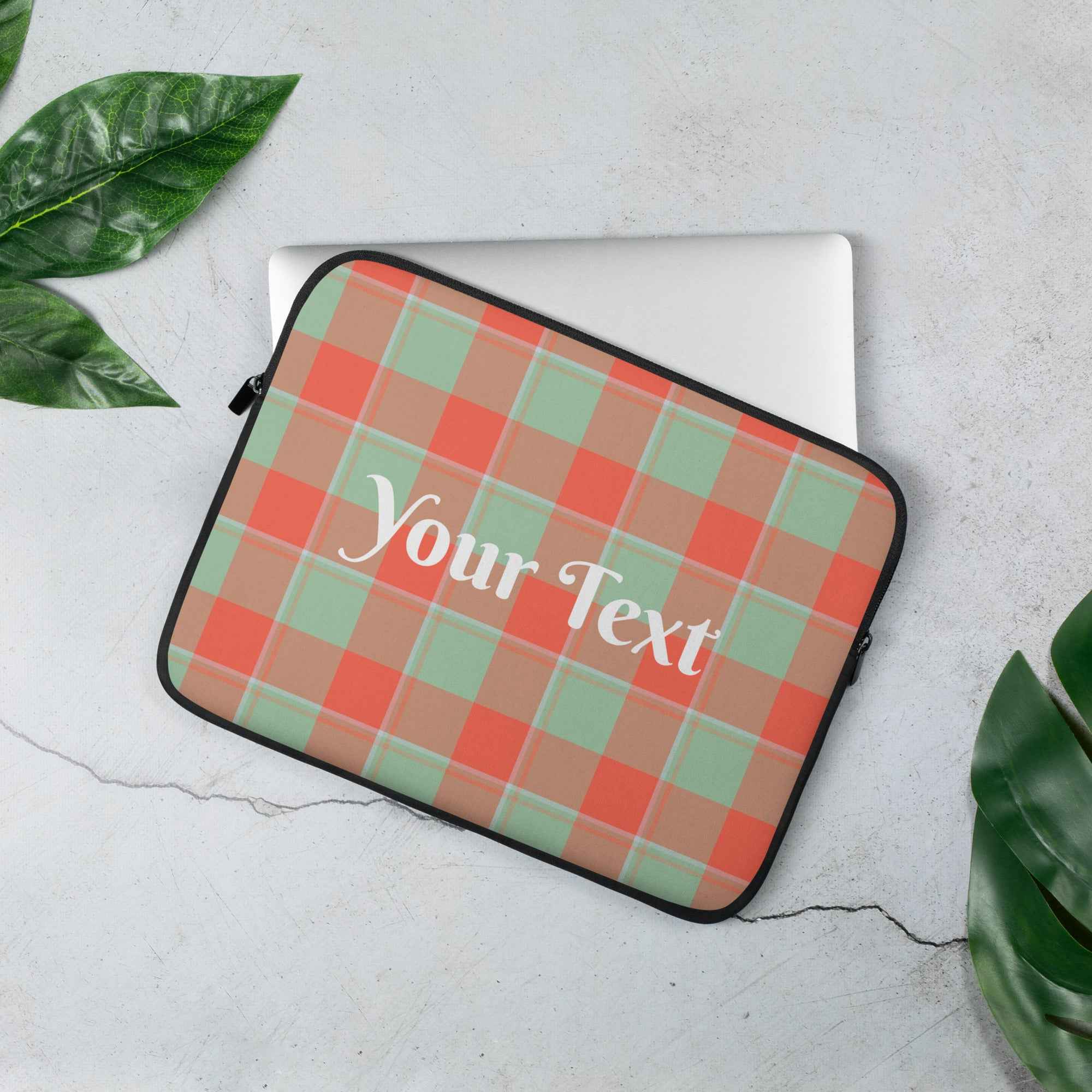 Personalized Spring Rain and Persimmon Plaid Laptop Sleeve - Scottish Squares