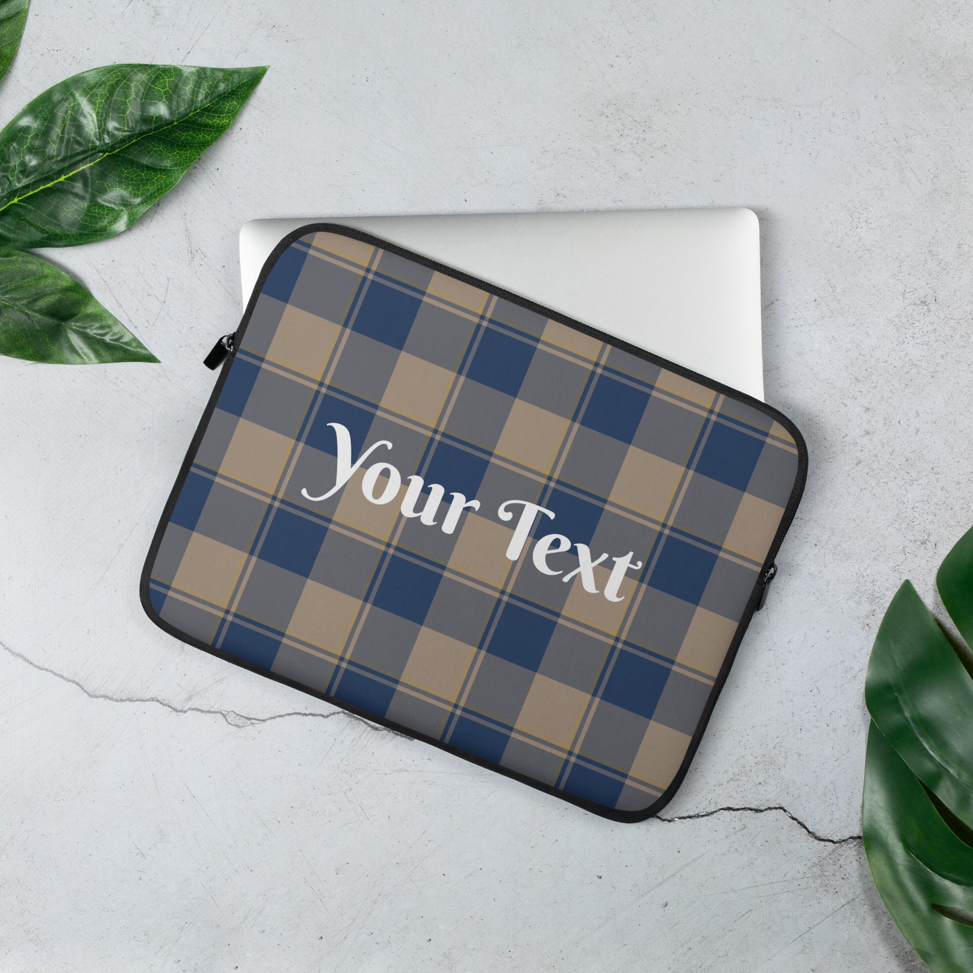 Personalized Cello and Donkey Brown Plaid Laptop Sleeve - Scottish Squares