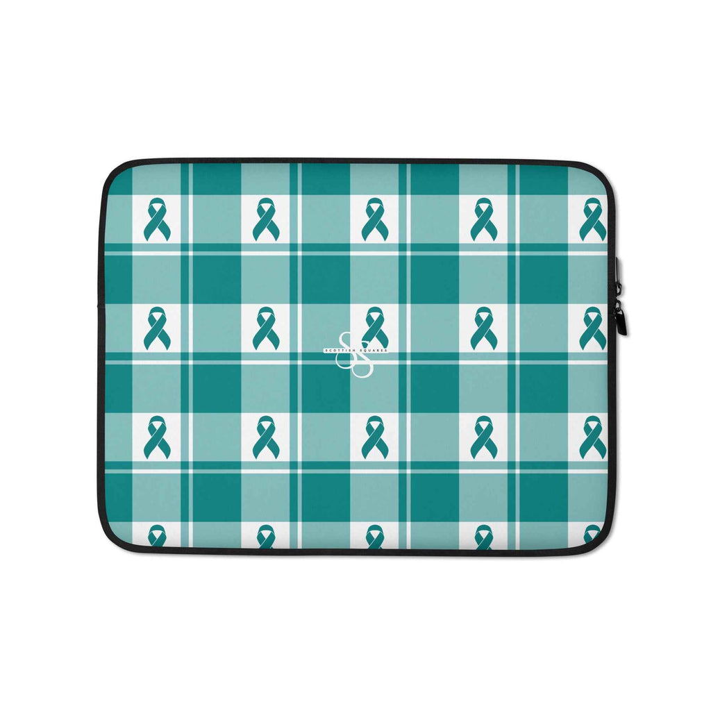 Laptop Sleeve Cervical Cancer Awareness Plaid, Teal Ribbon, Supportive Gift - Scottish Squares