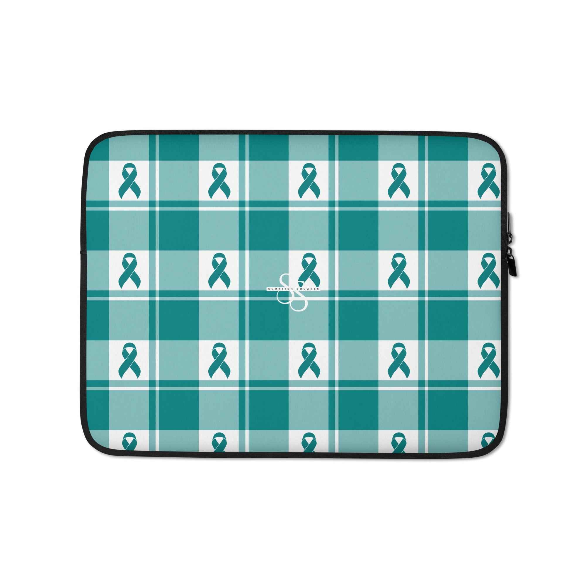 Laptop Sleeve Cervical Cancer Awareness Plaid, Teal Ribbon, Supportive Gift - Scottish Squares