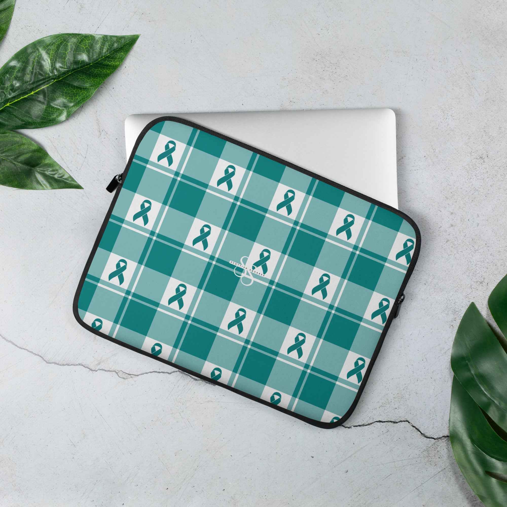 Laptop Sleeve Cervical Cancer Awareness Plaid, Teal Ribbon, Supportive Gift 13″ - Scottish Squares