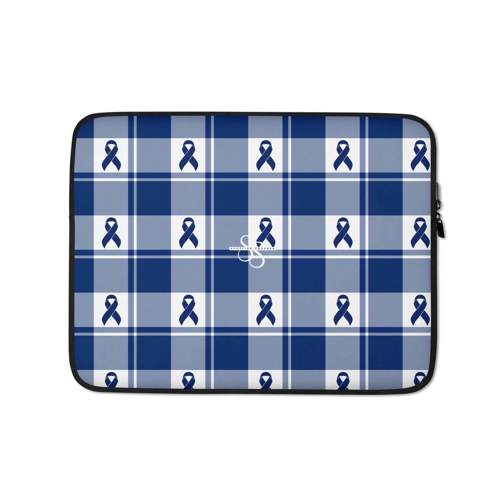 Laptop Sleeve Colorectal Cancer Awareness Plaid, Dark Blue Ribbon, Supportive Gift - Scottish Squares