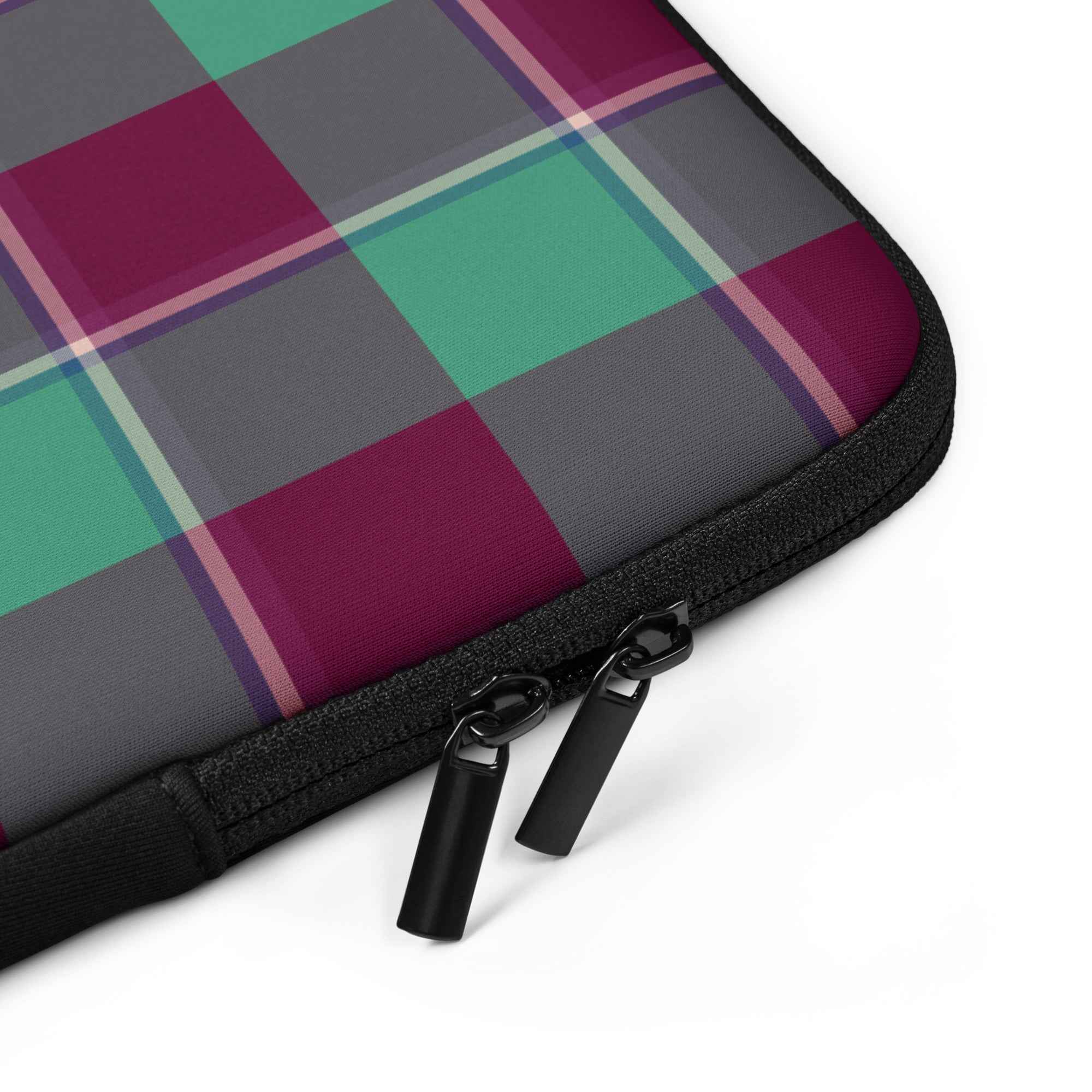 Personalized Ocean Green and Mulberry Wood Plaid Laptop Sleeve - Scottish Squares