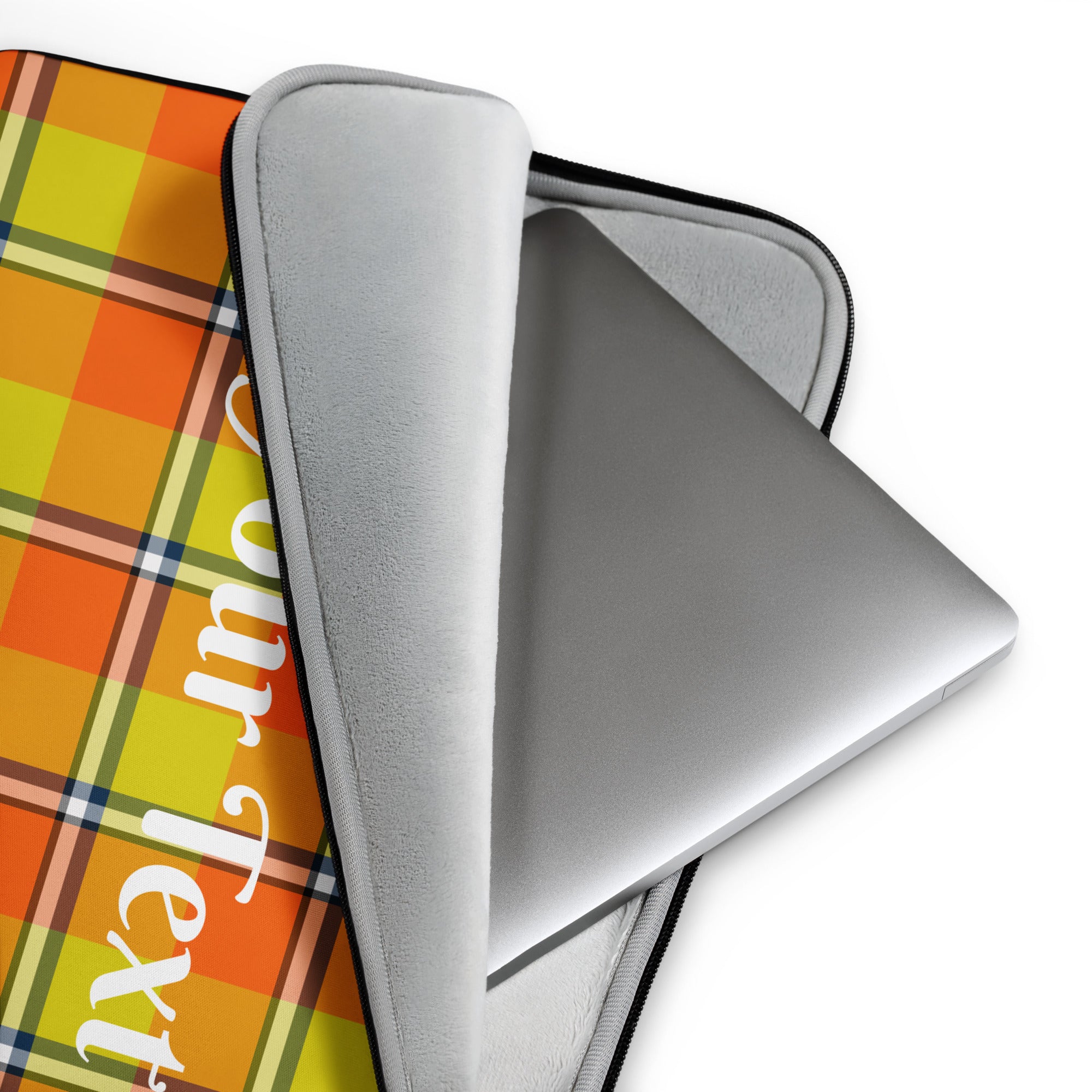 Personalized Blaze Orange and Bird Flower Plaid Laptop Sleeve - Scottish Squares