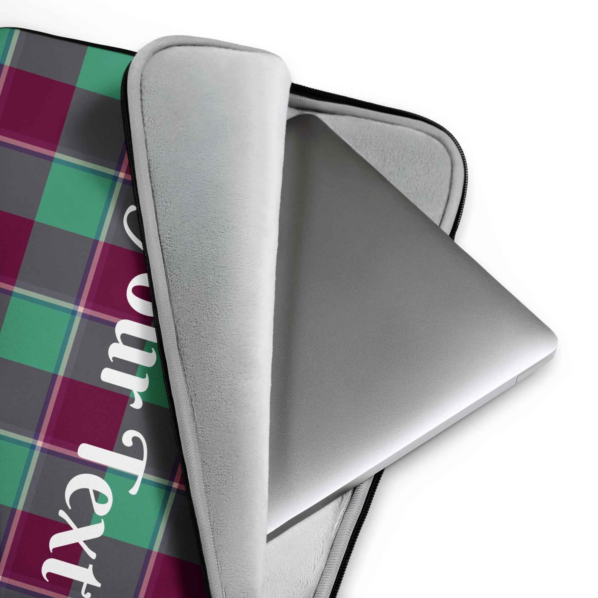 Personalized Ocean Green and Mulberry Wood Plaid Laptop Sleeve - Scottish Squares