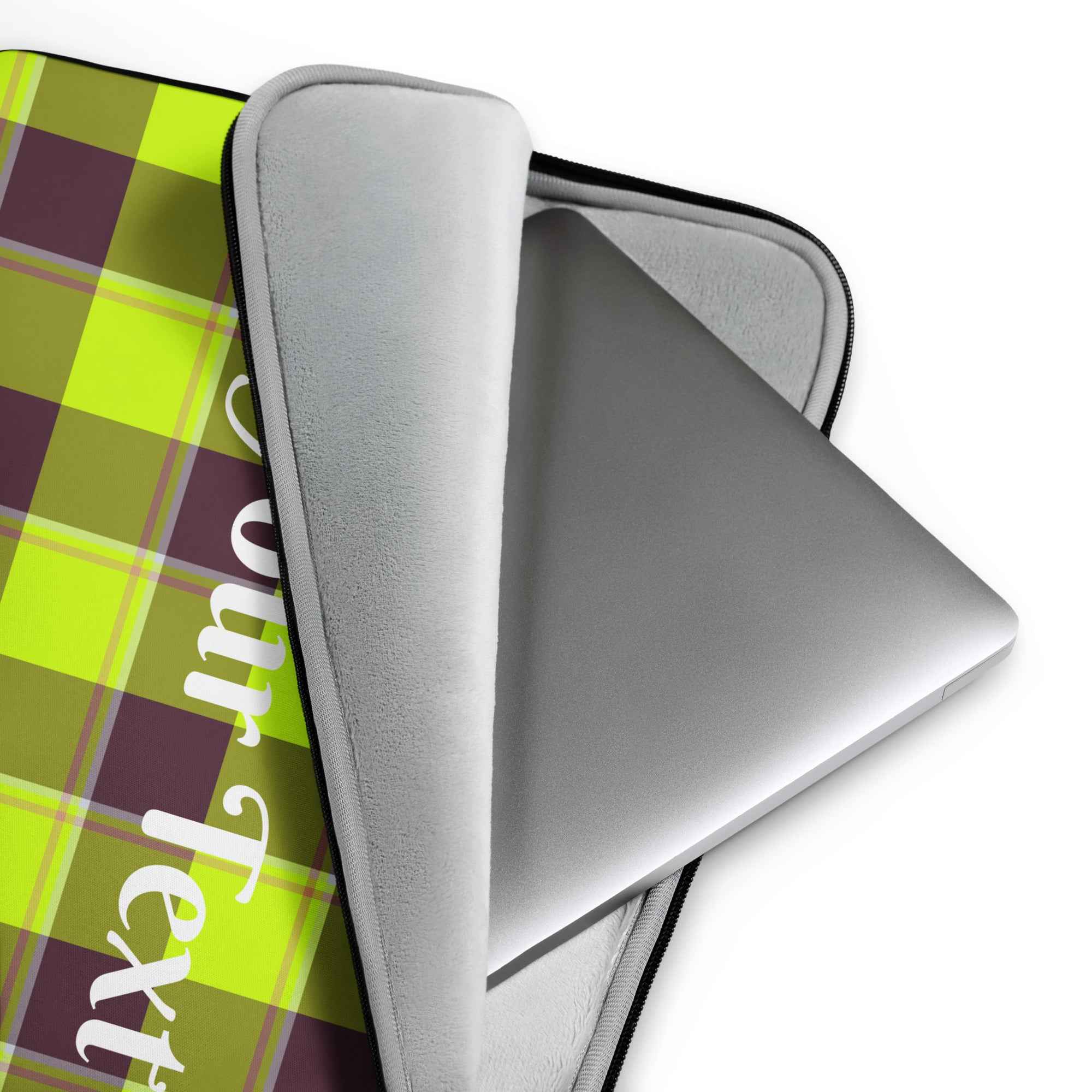 Personalized Electric Lime and Livid Brown Plaid Laptop Sleeve - Scottish Squares