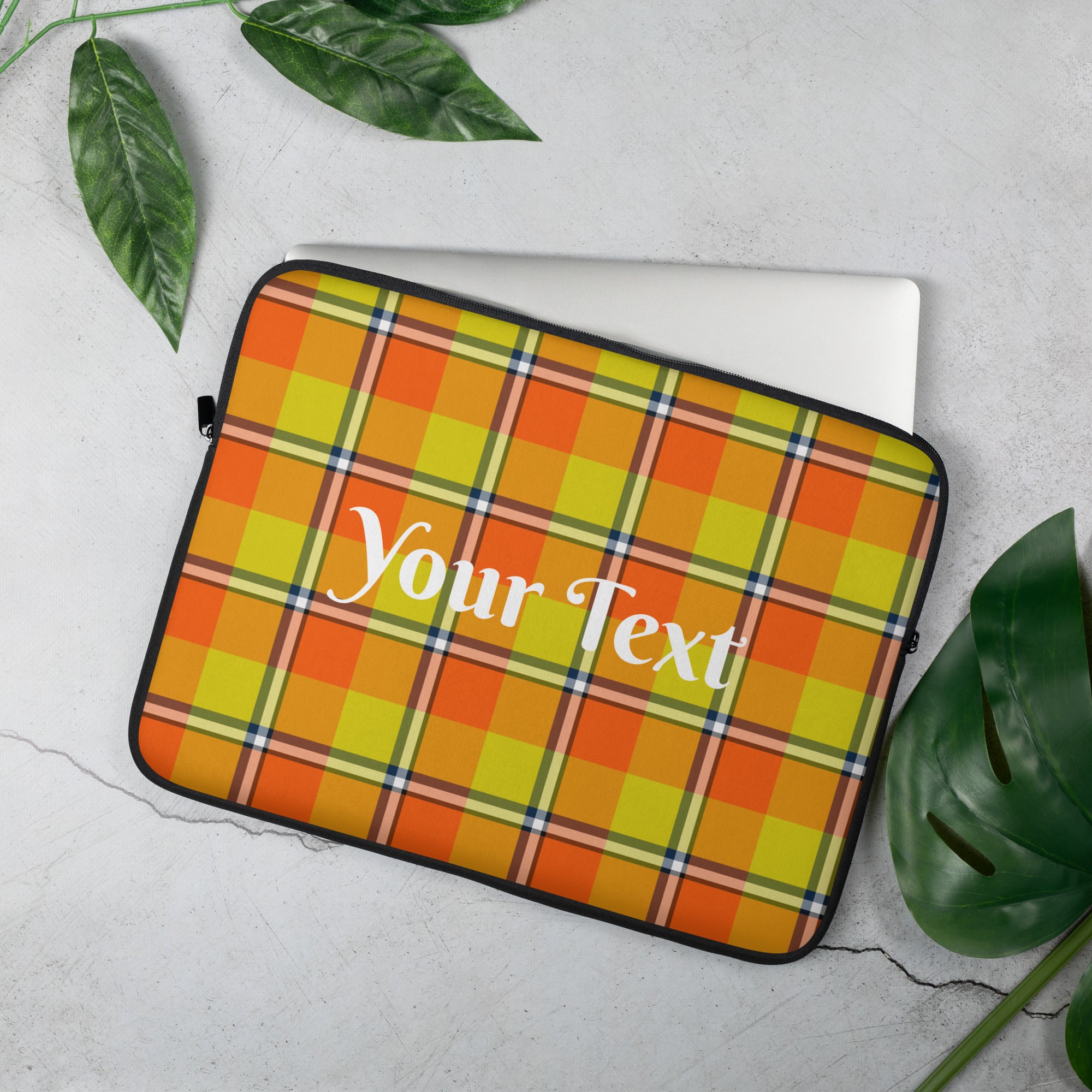 Personalized Blaze Orange and Bird Flower Plaid Laptop Sleeve - Scottish Squares