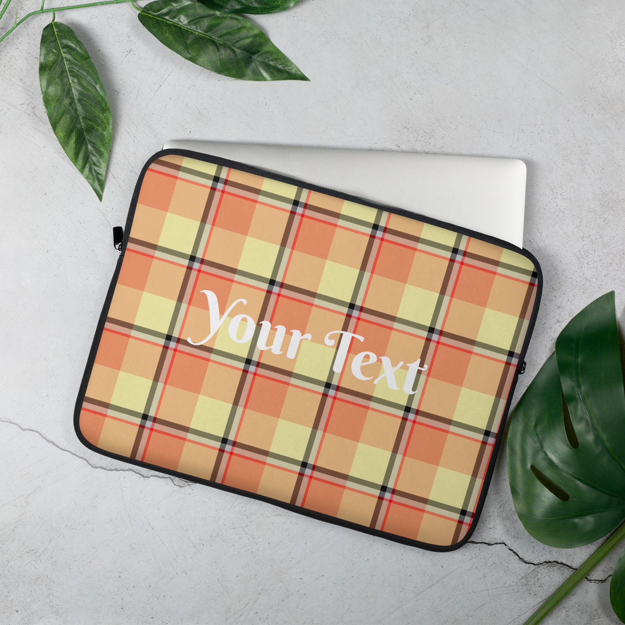 Personalized Claystone and Morning Mist Plaid Laptop Sleeve - Scottish Squares