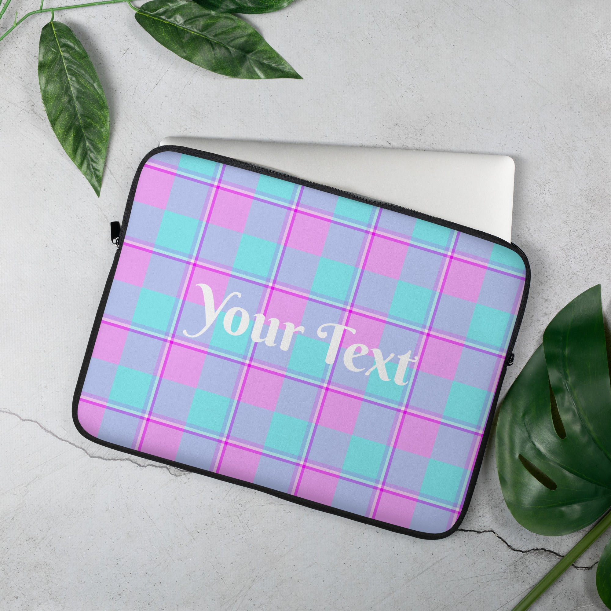 Personalized Mauve and Coastal Mist Plaid Laptop Sleeve - Scottish Squares