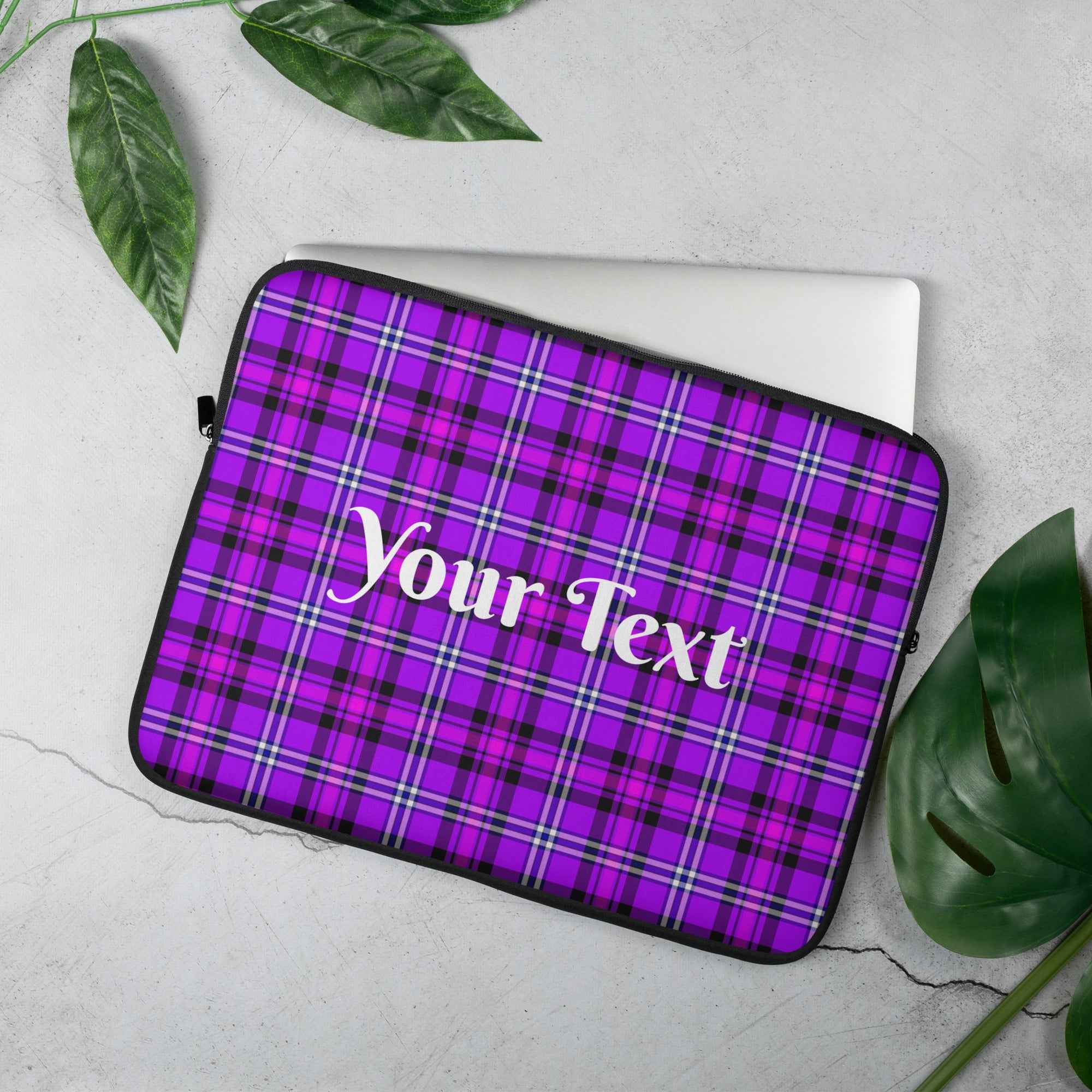 Personalized Electric Violet and Fuchsia Plaid Laptop Sleeve - Scottish Squares