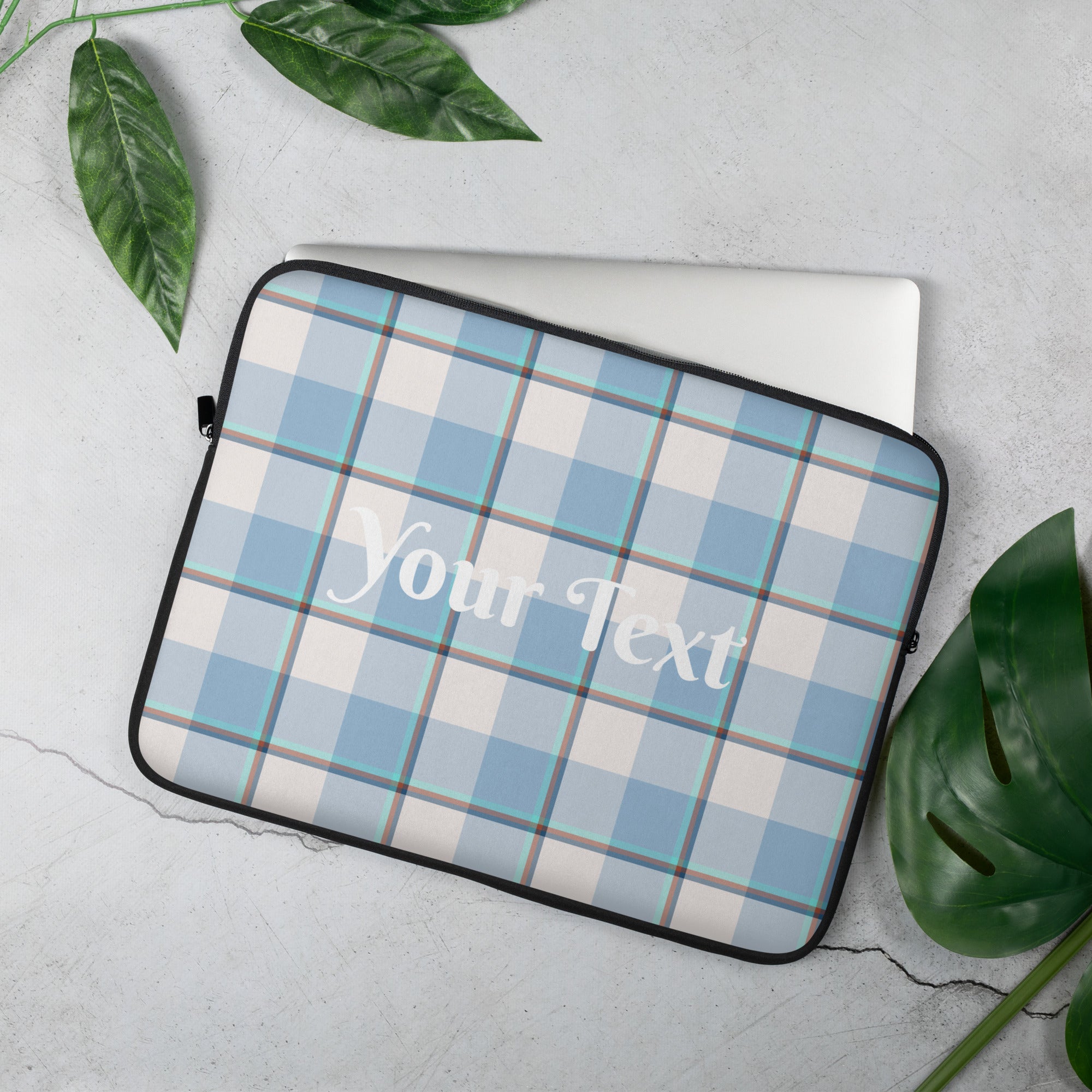 Personalized Pink Cloud and Blue Lagoon Plaid Laptop Sleeve - Scottish Squares