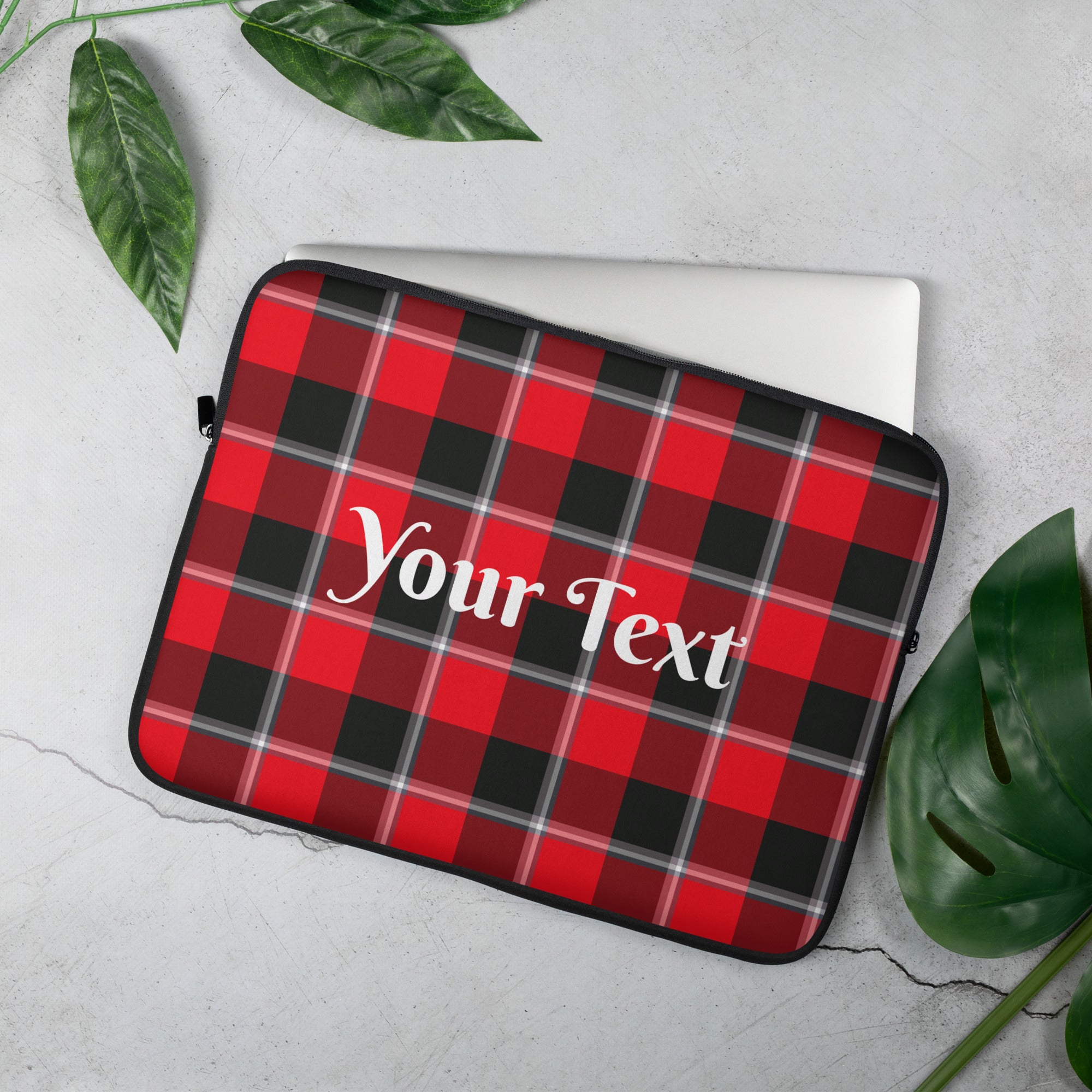 Personalized Red Ribbon and Heavy Metal Plaid Laptop Sleeve - Scottish Squares