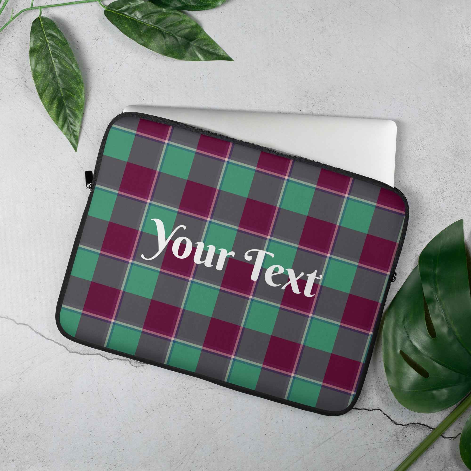 Personalized Ocean Green and Mulberry Wood Plaid Laptop Sleeve - Scottish Squares