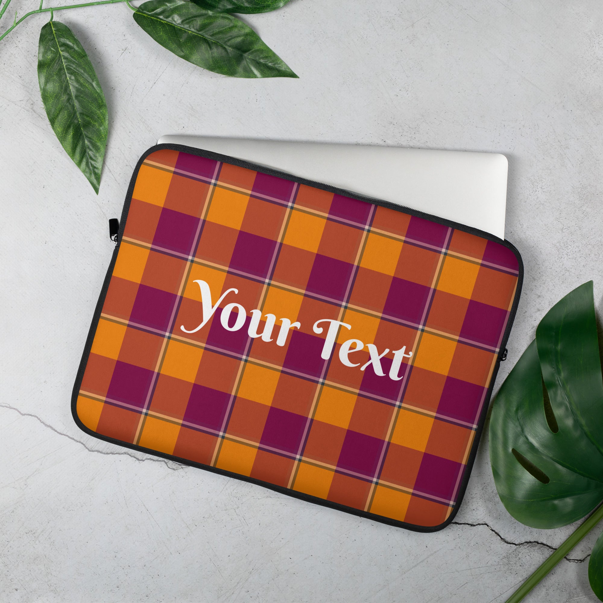 Personalized Tahiti Gold and Rose Bud Cherry Plaid Laptop Sleeve - Scottish Squares