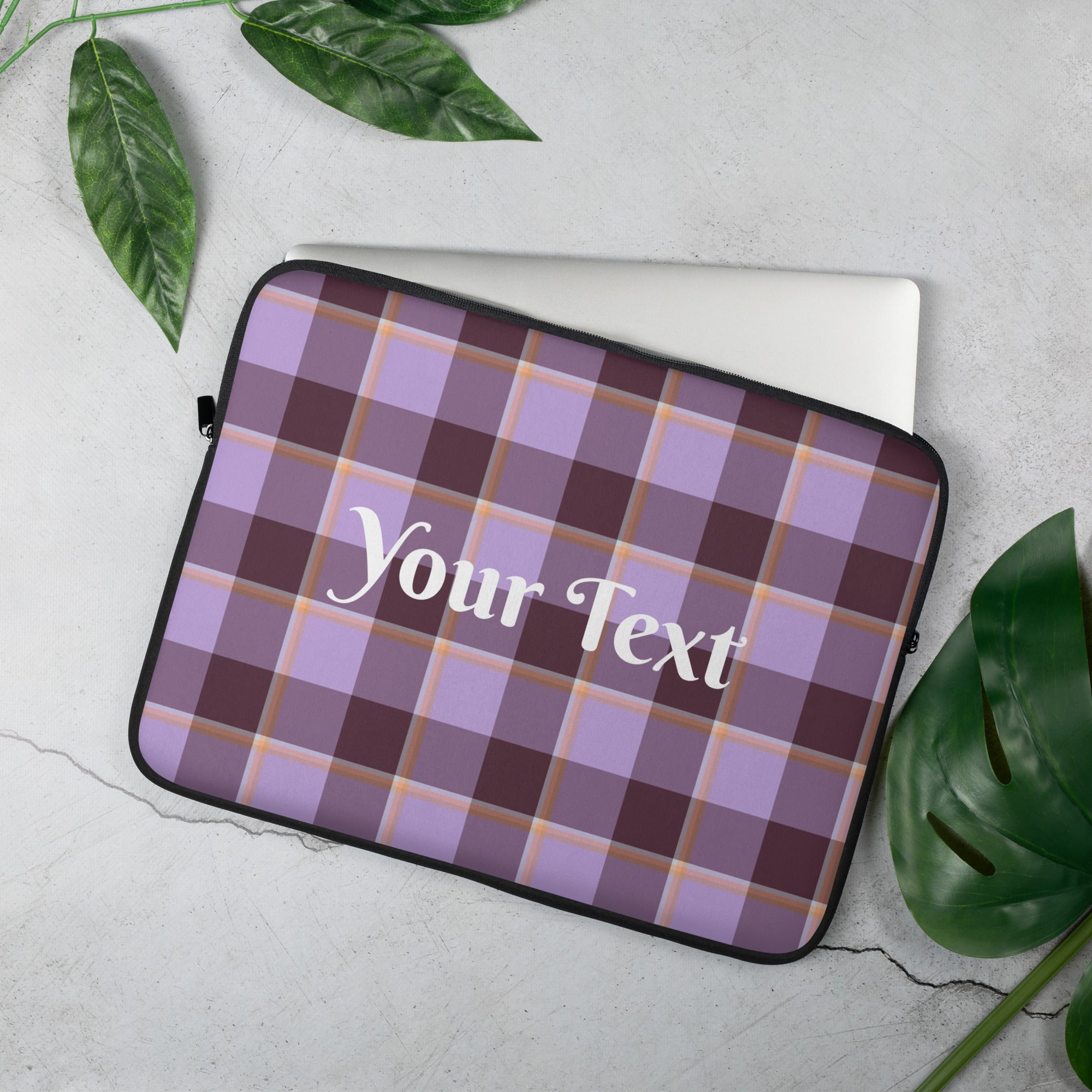 Personalized Light Wisteria and Livid Brown Plaid Laptop Sleeve - Scottish Squares
