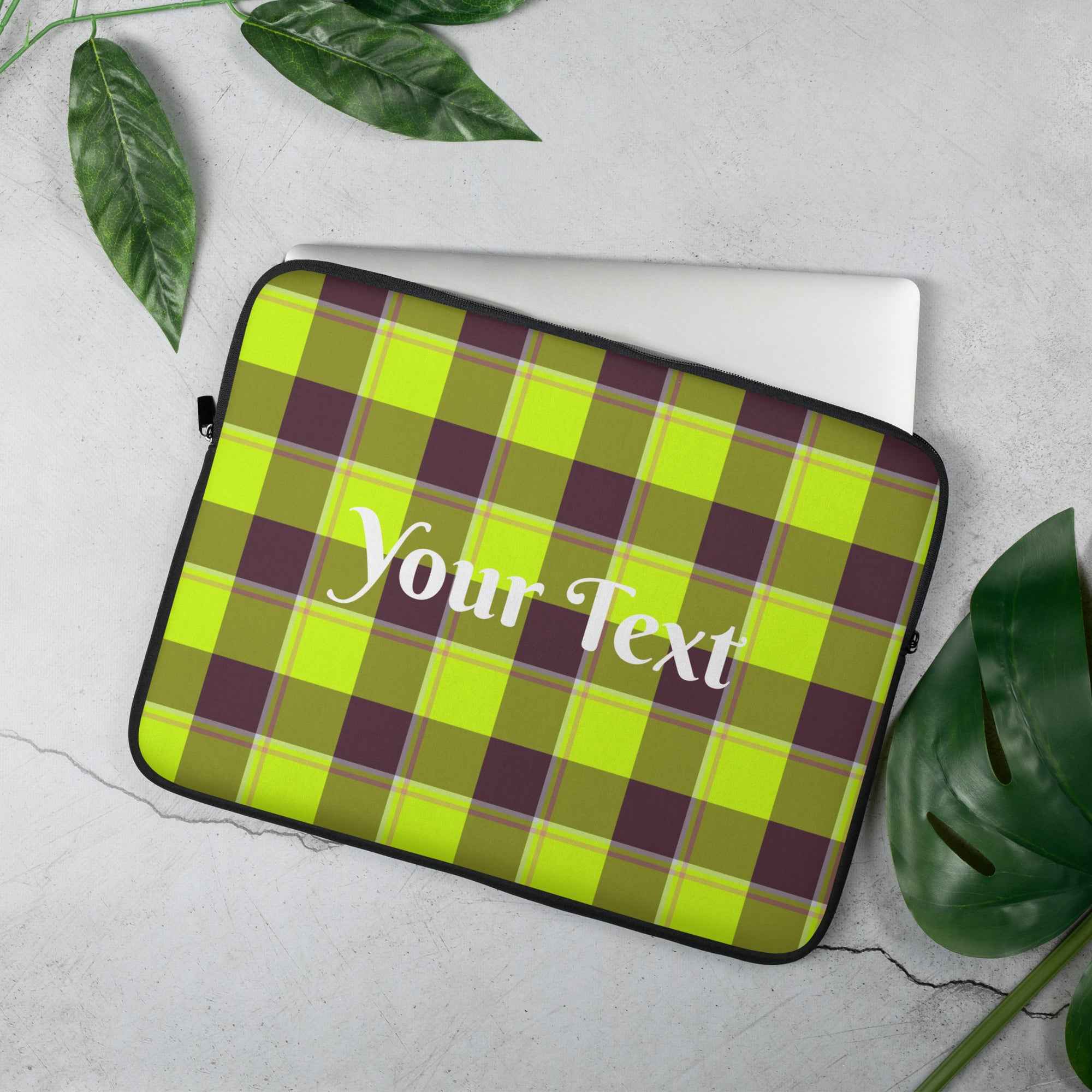 Personalized Electric Lime and Livid Brown Plaid Laptop Sleeve - Scottish Squares