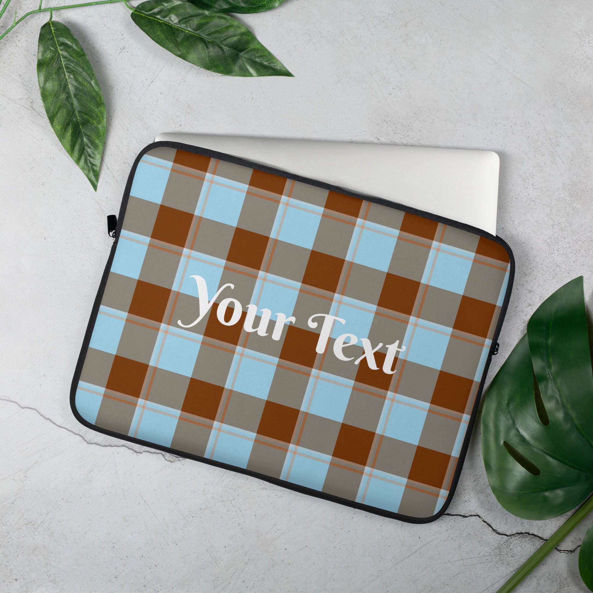 Personalized Blizzard Blue and Livid Brown Plaid Laptop Sleeve - Scottish Squares
