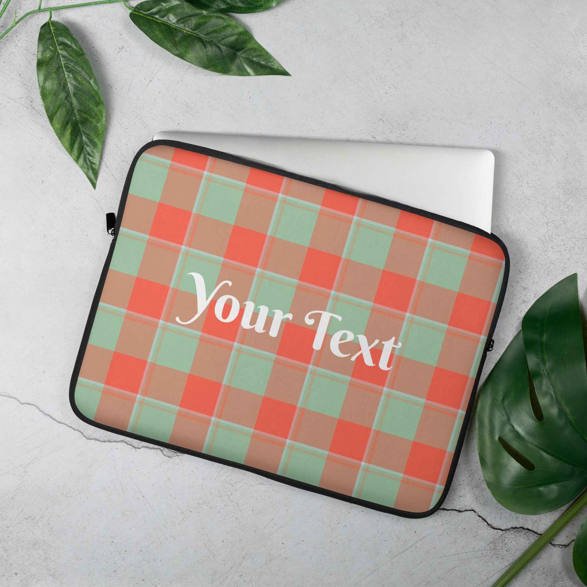 Personalized Spring Rain and Persimmon Plaid Laptop Sleeve - Scottish Squares