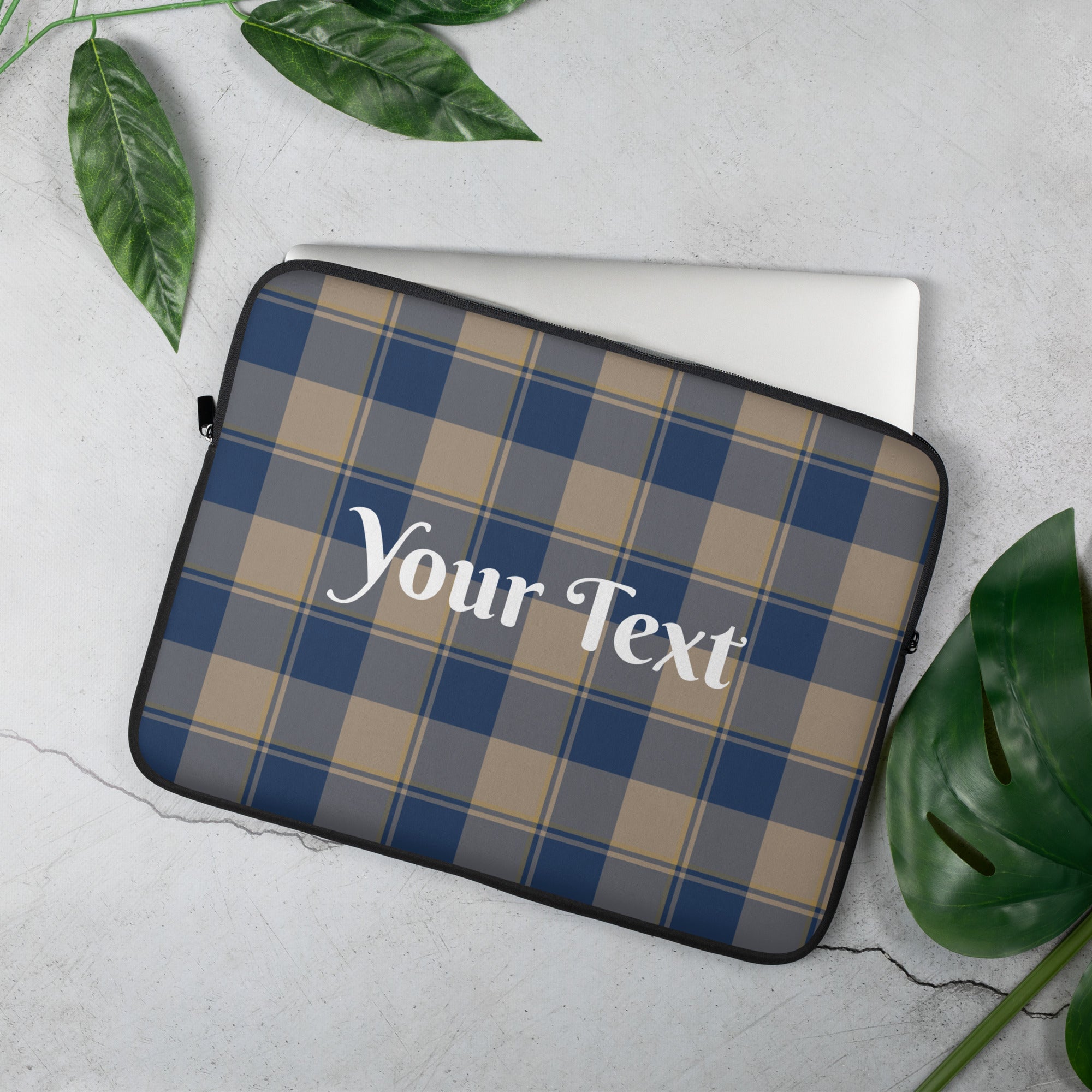 Personalized Cello and Donkey Brown Plaid Laptop Sleeve - Scottish Squares