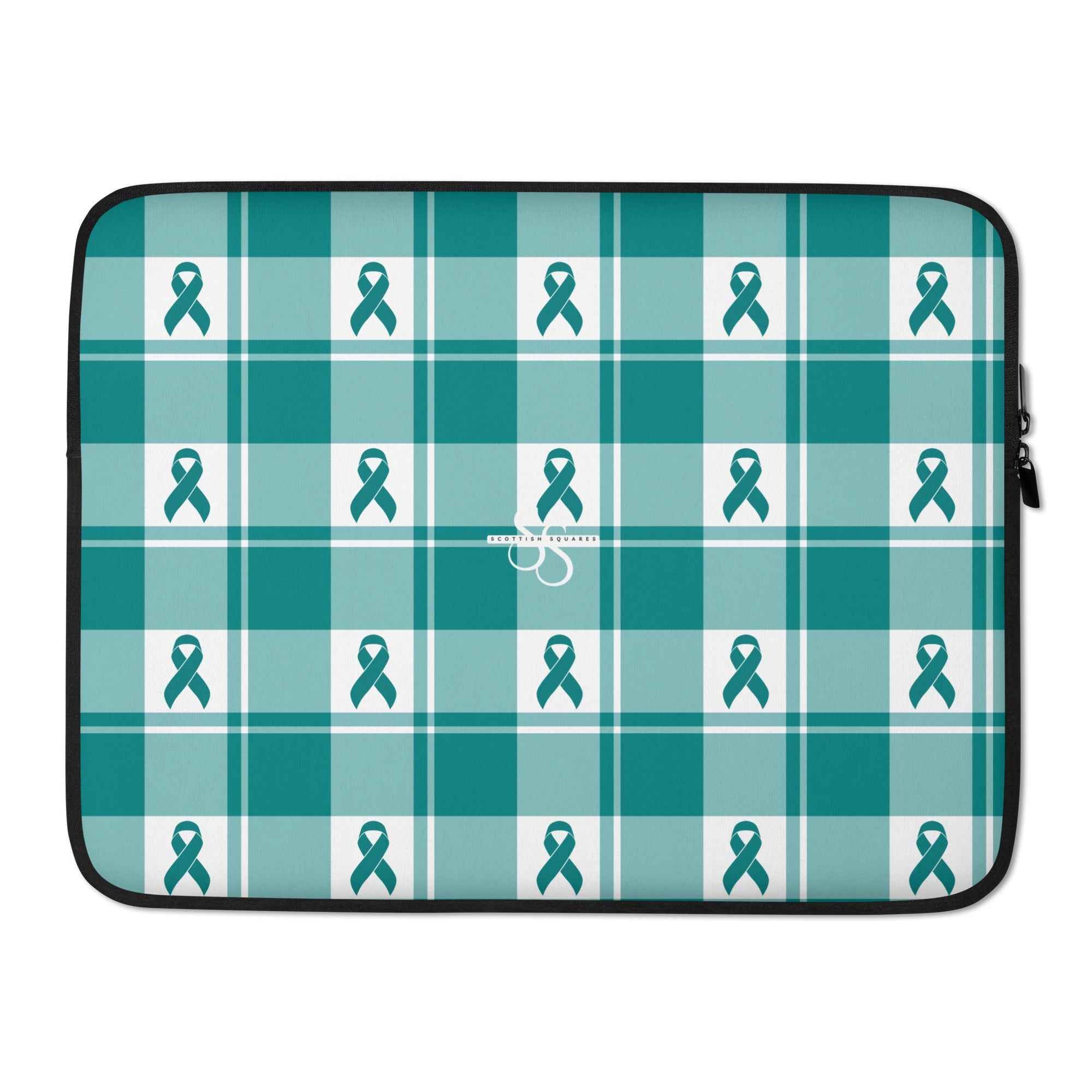Laptop Sleeve Cervical Cancer Awareness Plaid, Teal Ribbon, Supportive Gift - Scottish Squares