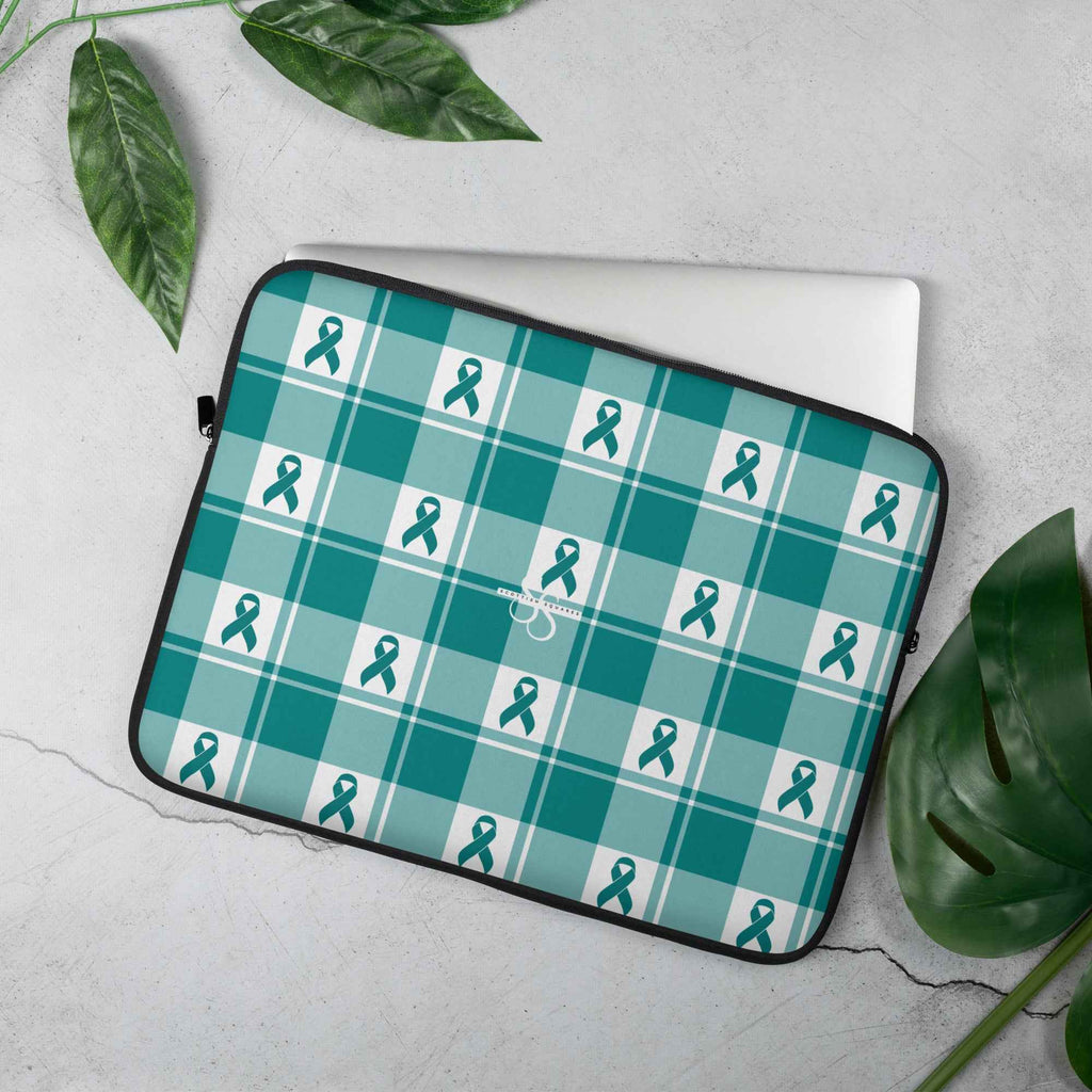 Laptop Sleeve Cervical Cancer Awareness Plaid, Teal Ribbon, Supportive Gift 15″ - Scottish Squares