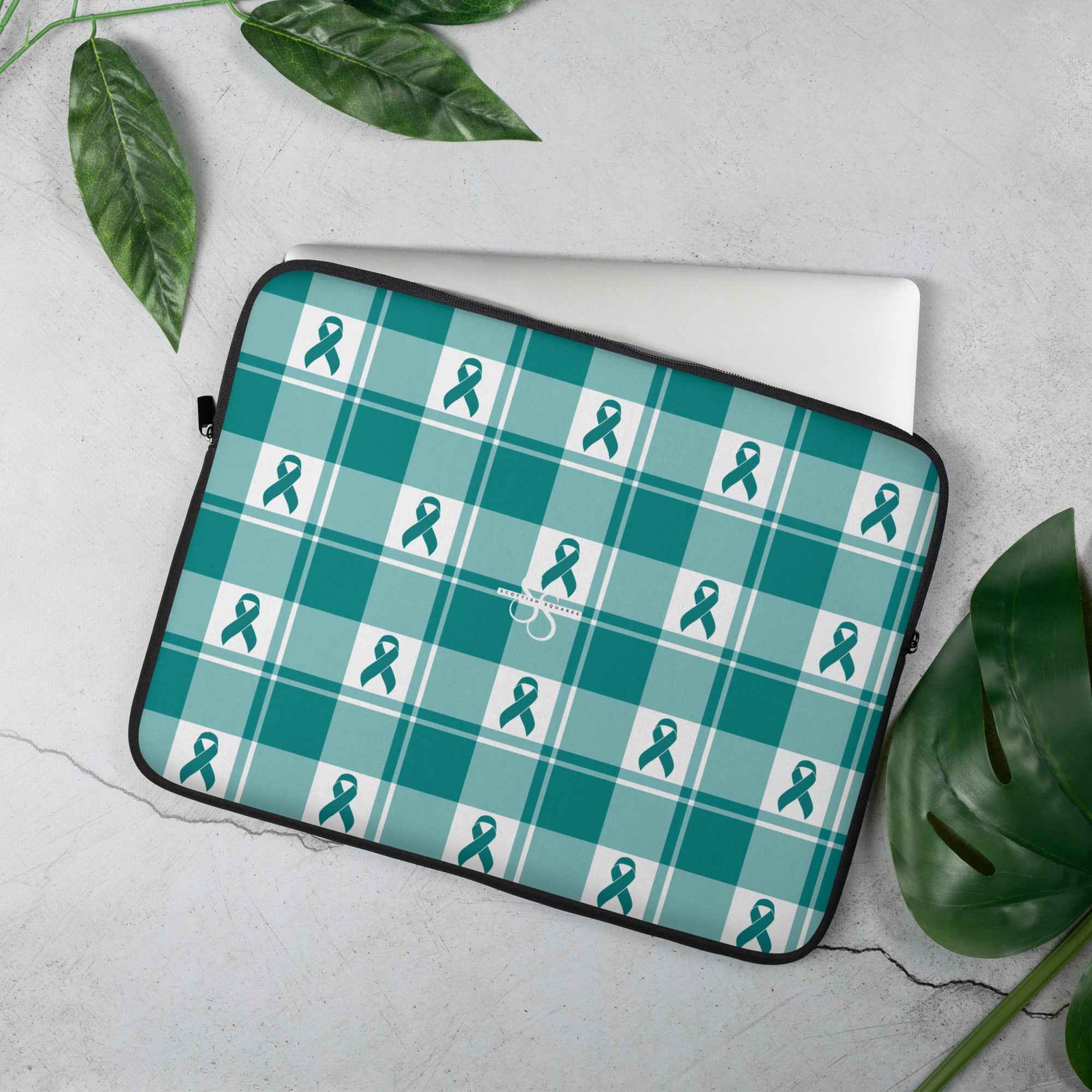 Laptop Sleeve Cervical Cancer Awareness Plaid, Teal Ribbon, Supportive Gift 15″ - Scottish Squares