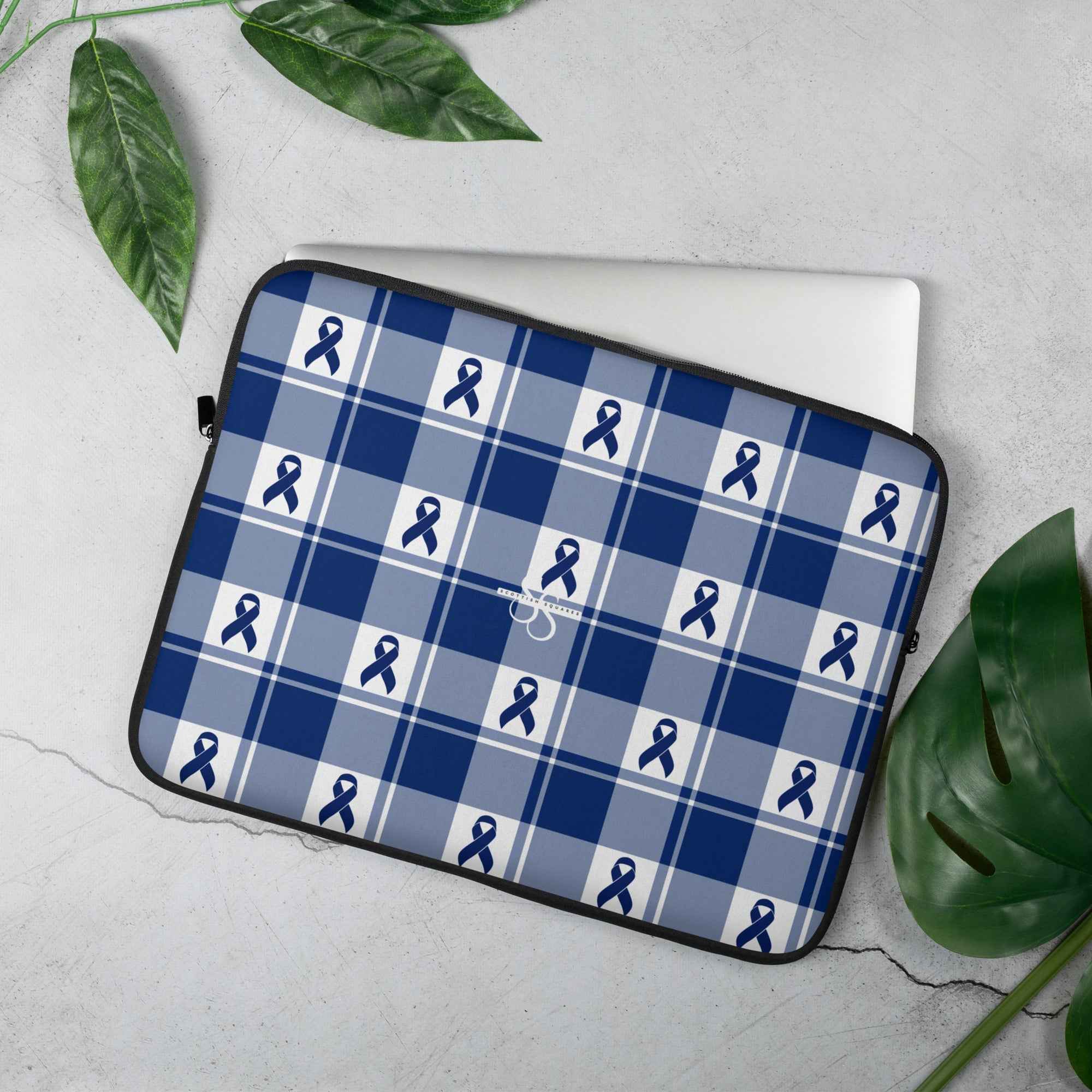 Laptop Sleeve Colorectal Cancer Awareness Plaid, Dark Blue Ribbon, Supportive Gift 15″ - Scottish Squares