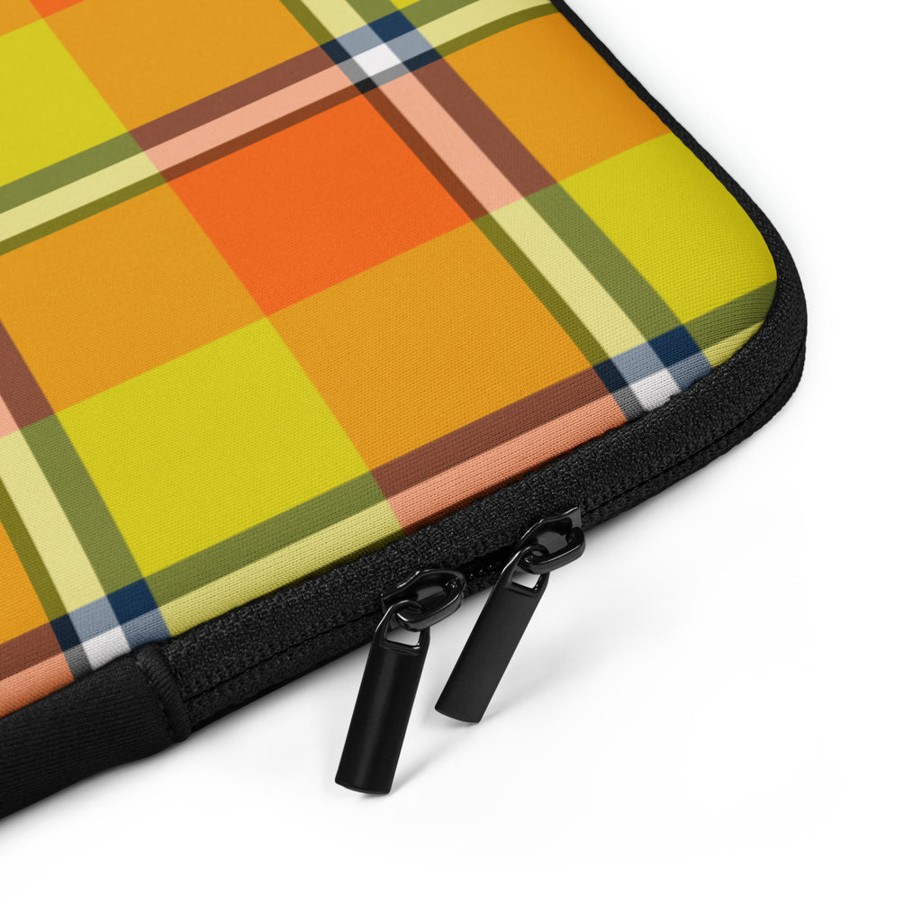 Personalized Blaze Orange and Bird Flower Plaid Laptop Sleeve - Scottish Squares