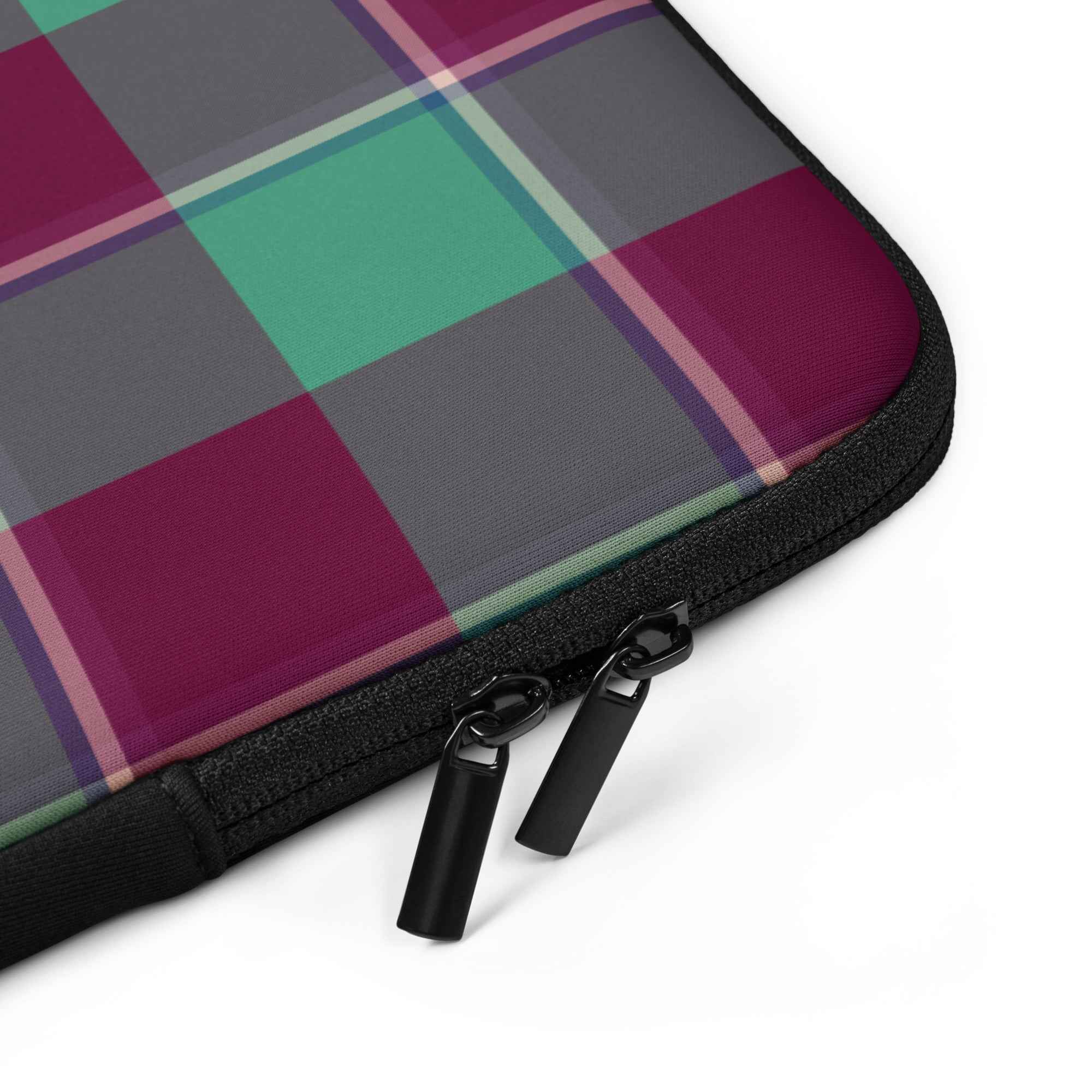Personalized Ocean Green and Mulberry Wood Plaid Laptop Sleeve - Scottish Squares