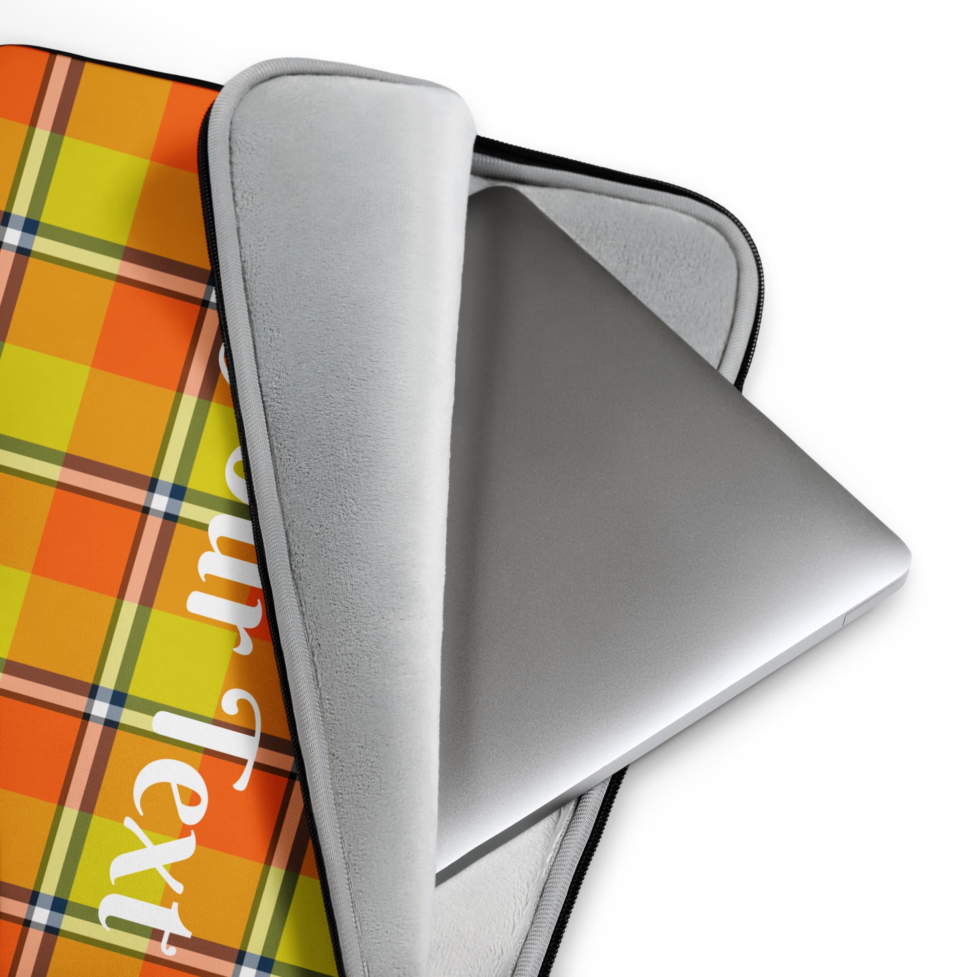 Personalized Blaze Orange and Bird Flower Plaid Laptop Sleeve - Scottish Squares