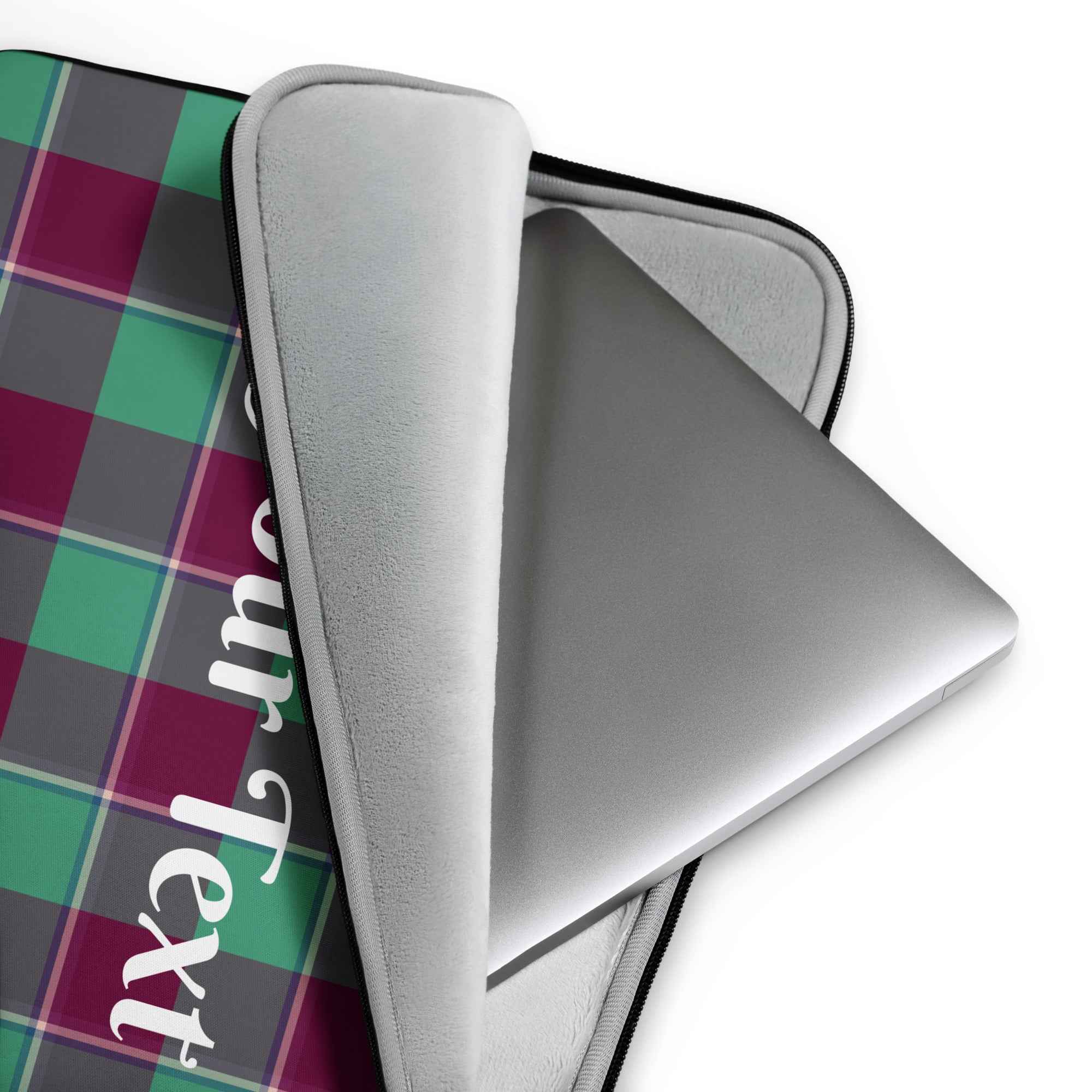 Personalized Ocean Green and Mulberry Wood Plaid Laptop Sleeve - Scottish Squares