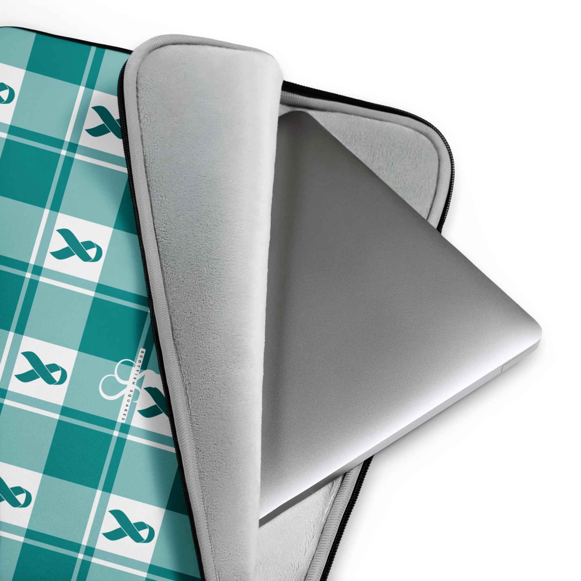 Laptop Sleeve Cervical Cancer Awareness Plaid, Teal Ribbon, Supportive Gift - Scottish Squares