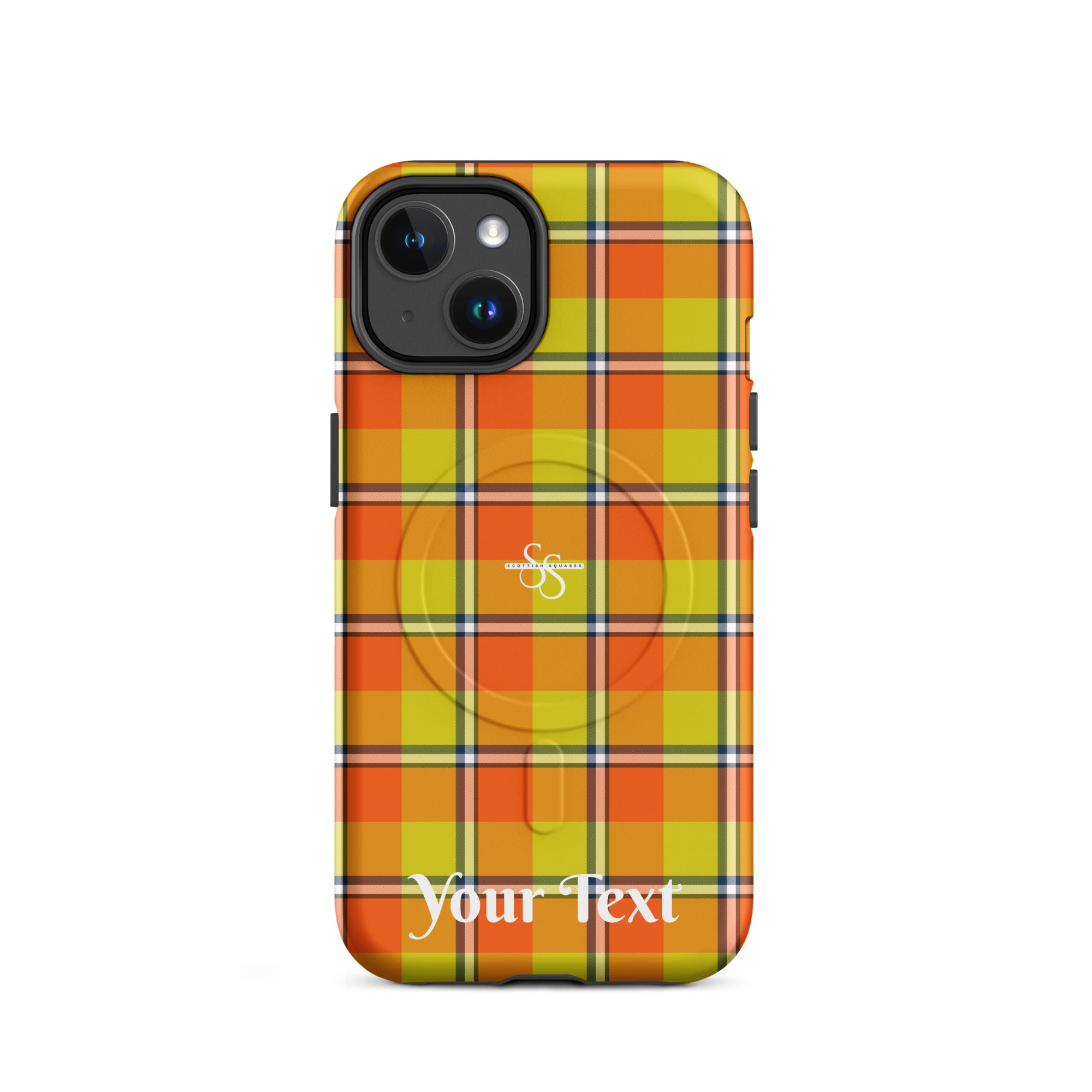 Personalized Blaze Orange and Bird Flower Plaid iPhone MagSafe Tough Case - Scottish Squares