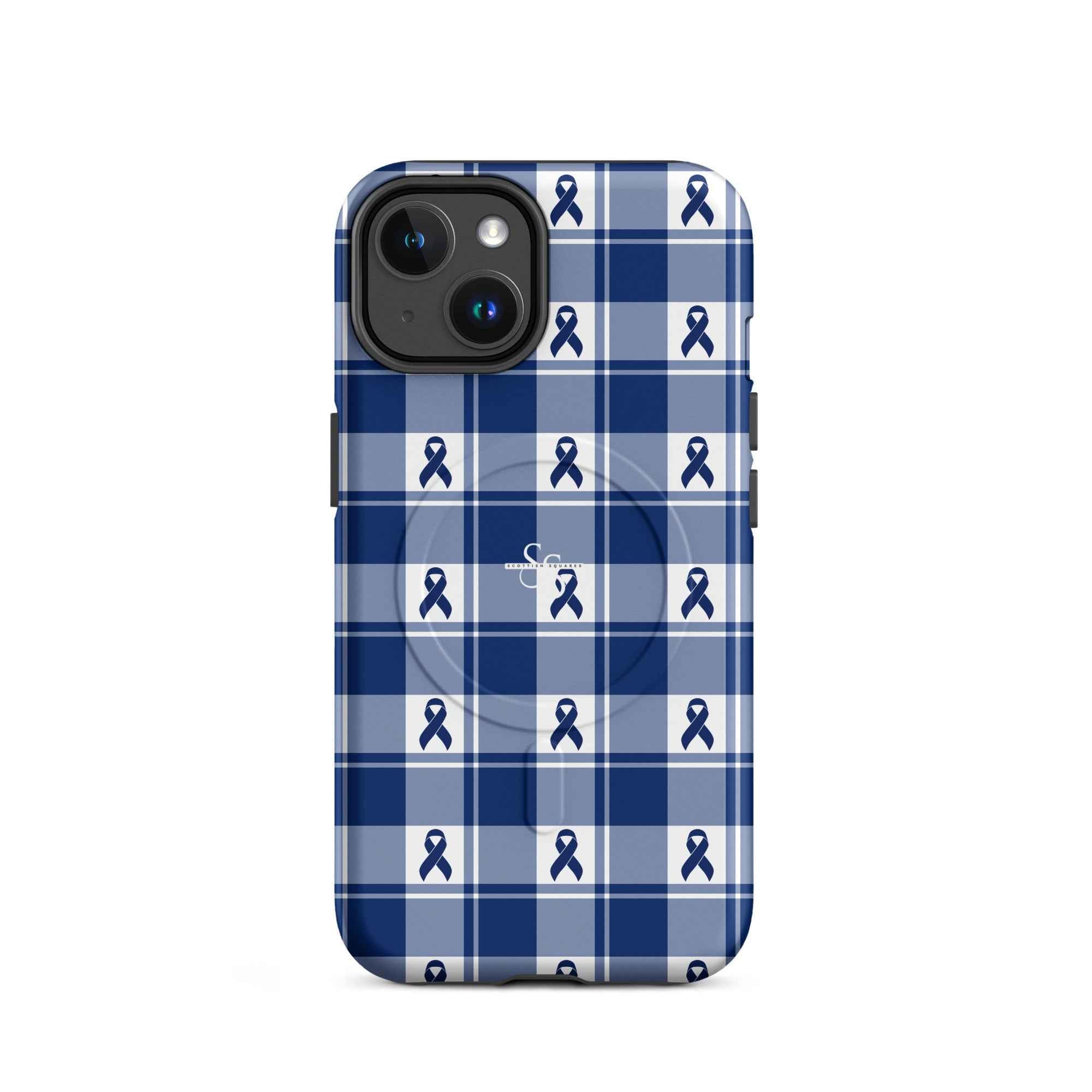 MagSafe Tough Case for iPhone Colorectal Cancer Awareness Plaid, Dark Blue Ribbon, Supportive Gift iPhone 14 - Scottish Squares