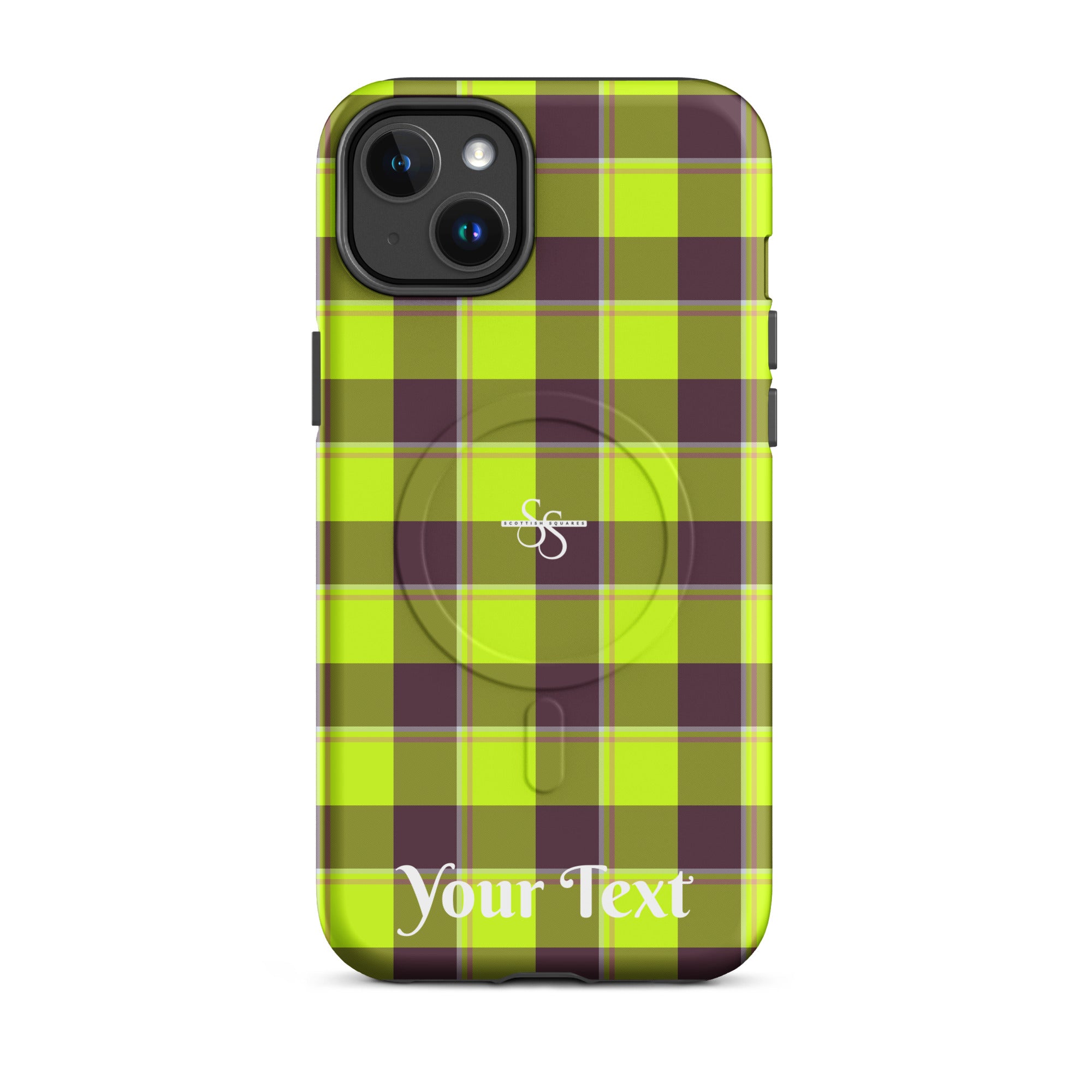 Personalized Electric Lime and Livid Brown Plaid iPhone MagSafe Tough Case - Scottish Squares