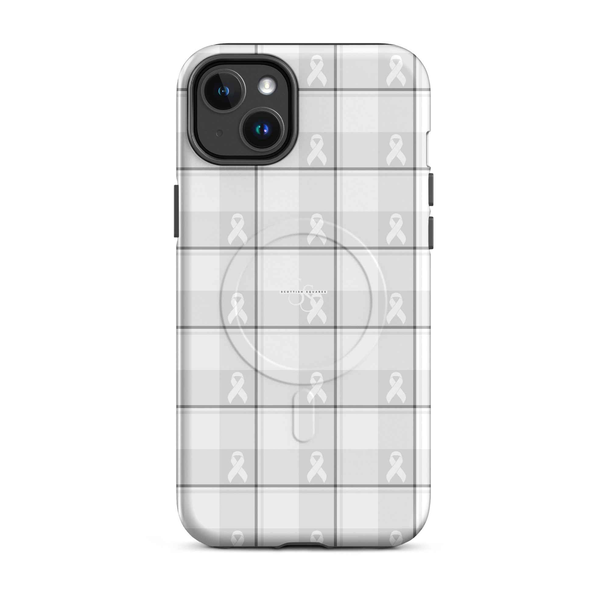 MagSafe Tough Case for iPhone Lung Cancer Awareness Plaid, White Ribbon, Supportive Gift iPhone 14 Plus - Scottish Squares