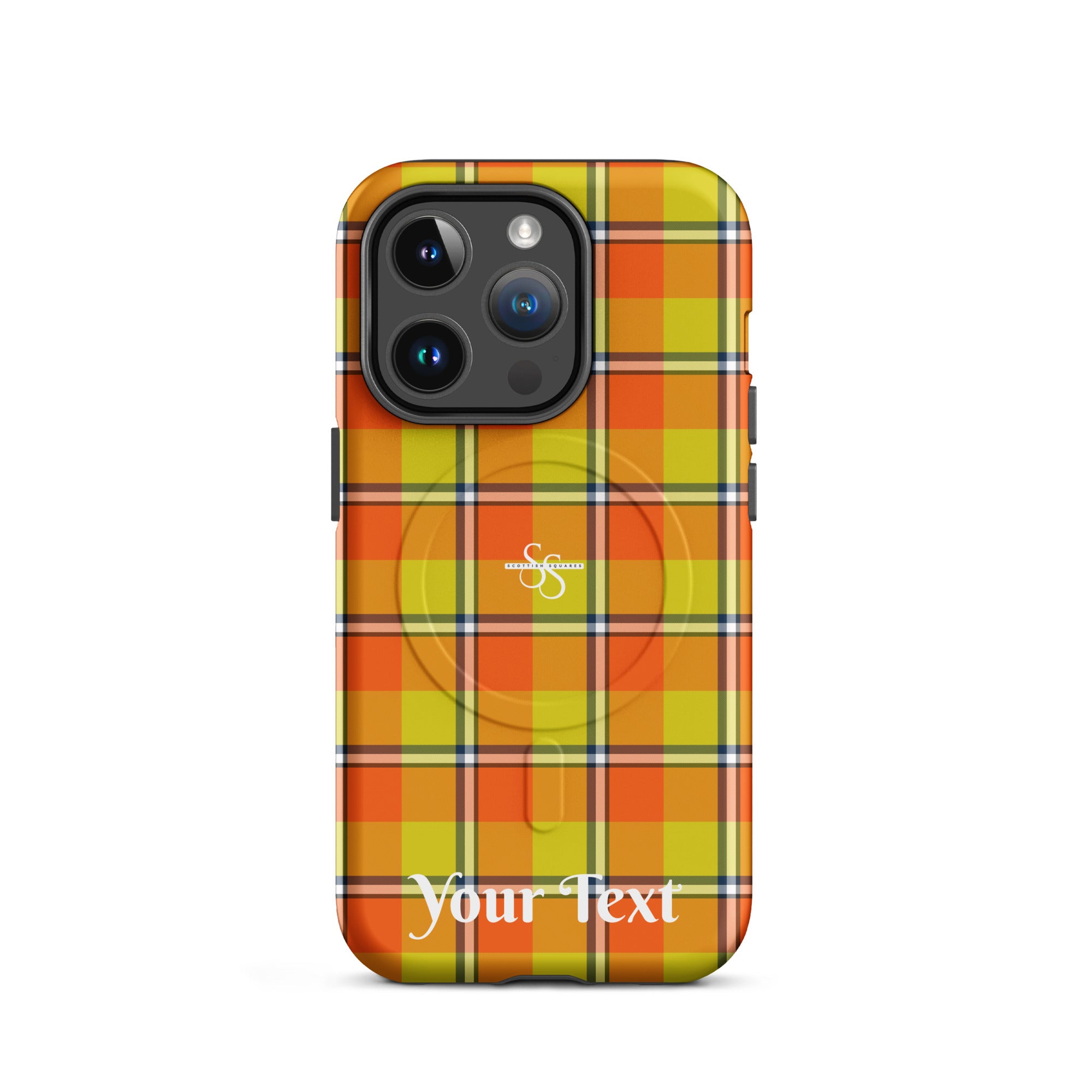 Personalized Blaze Orange and Bird Flower Plaid iPhone MagSafe Tough Case - Scottish Squares