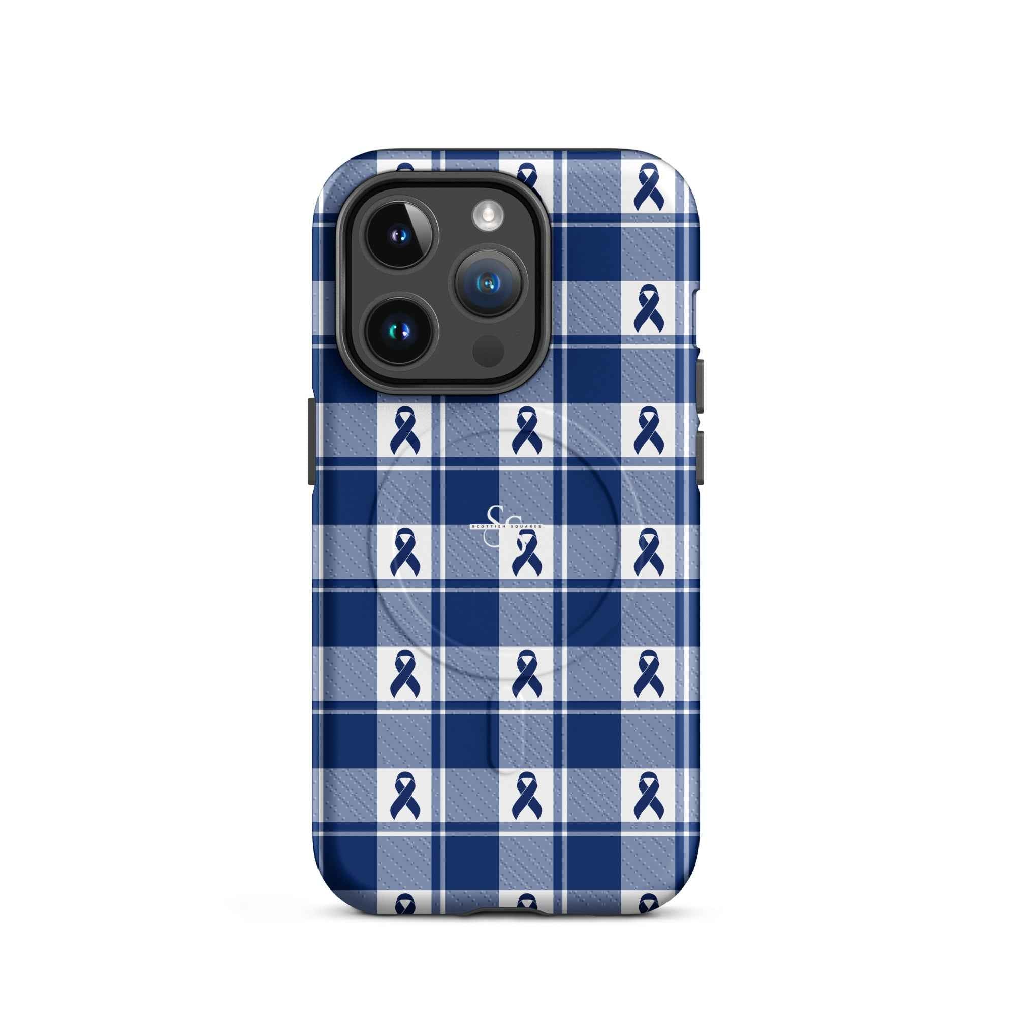 MagSafe Tough Case for iPhone Colorectal Cancer Awareness Plaid, Dark Blue Ribbon, Supportive Gift iPhone 14 Pro - Scottish Squares