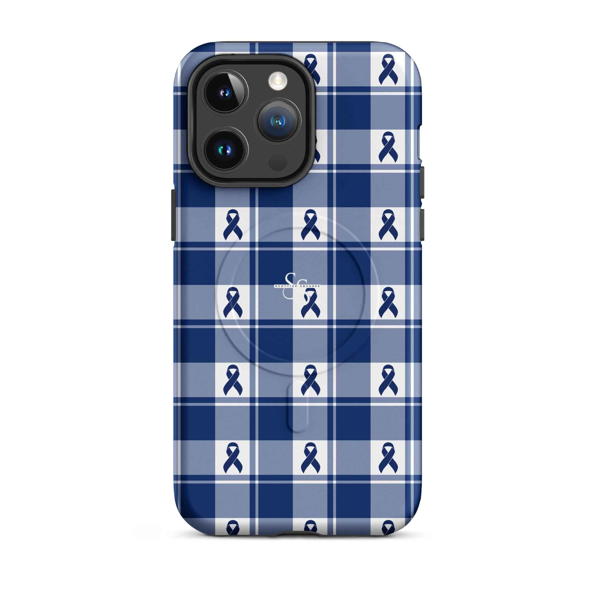 MagSafe Tough Case for iPhone Colorectal Cancer Awareness Plaid, Dark Blue Ribbon, Supportive Gift iPhone 14 Pro Max - Scottish Squares