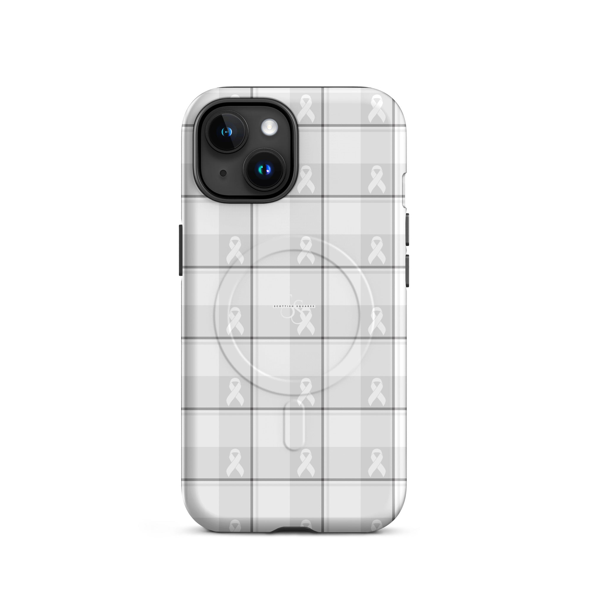 MagSafe Tough Case for iPhone Lung Cancer Awareness Plaid, White Ribbon, Supportive Gift iPhone 15 - Scottish Squares