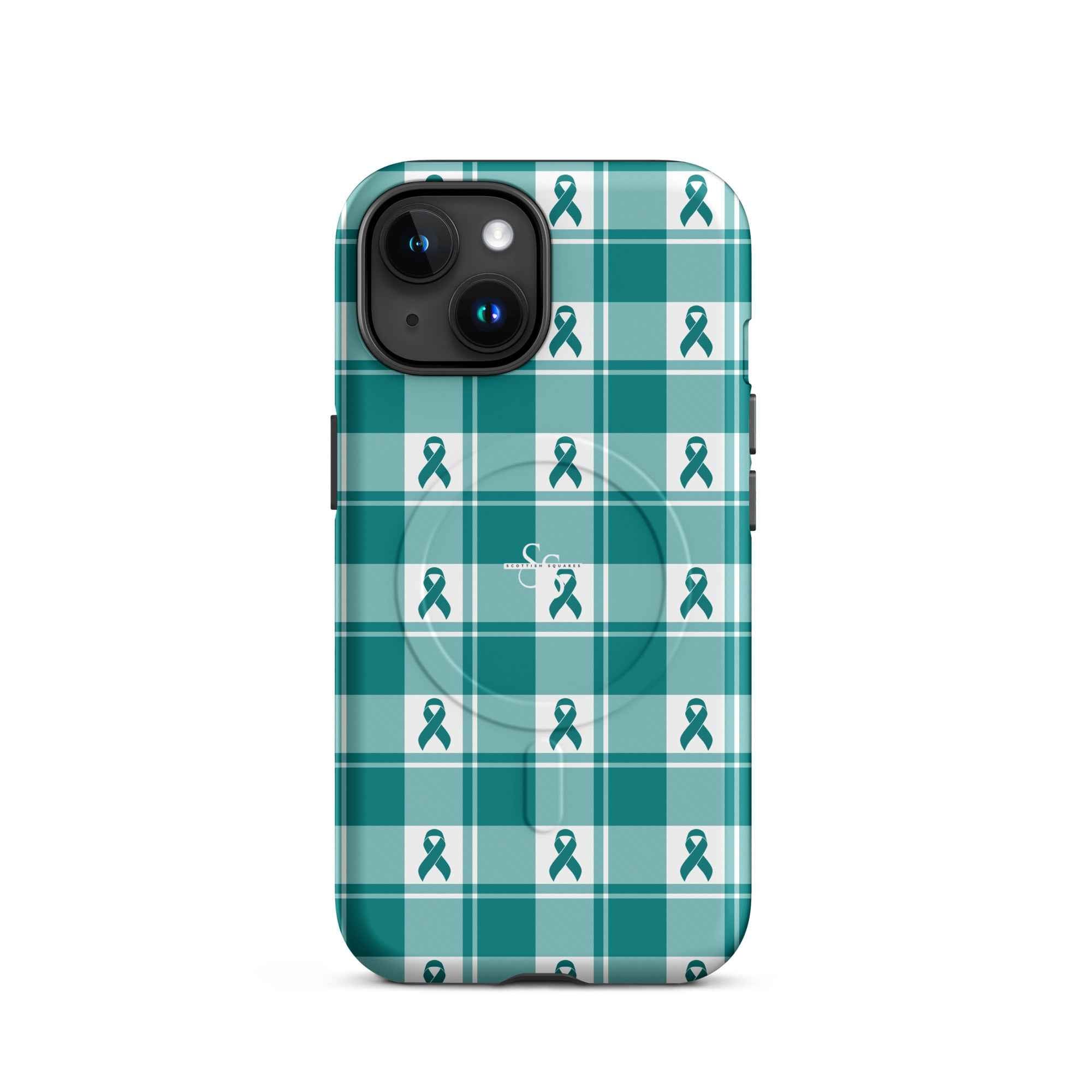 MagSafe Tough Case for iPhone Cervical Cancer Awareness Plaid, Teal Ribbon, Supportive Gift iPhone 15 - Scottish Squares