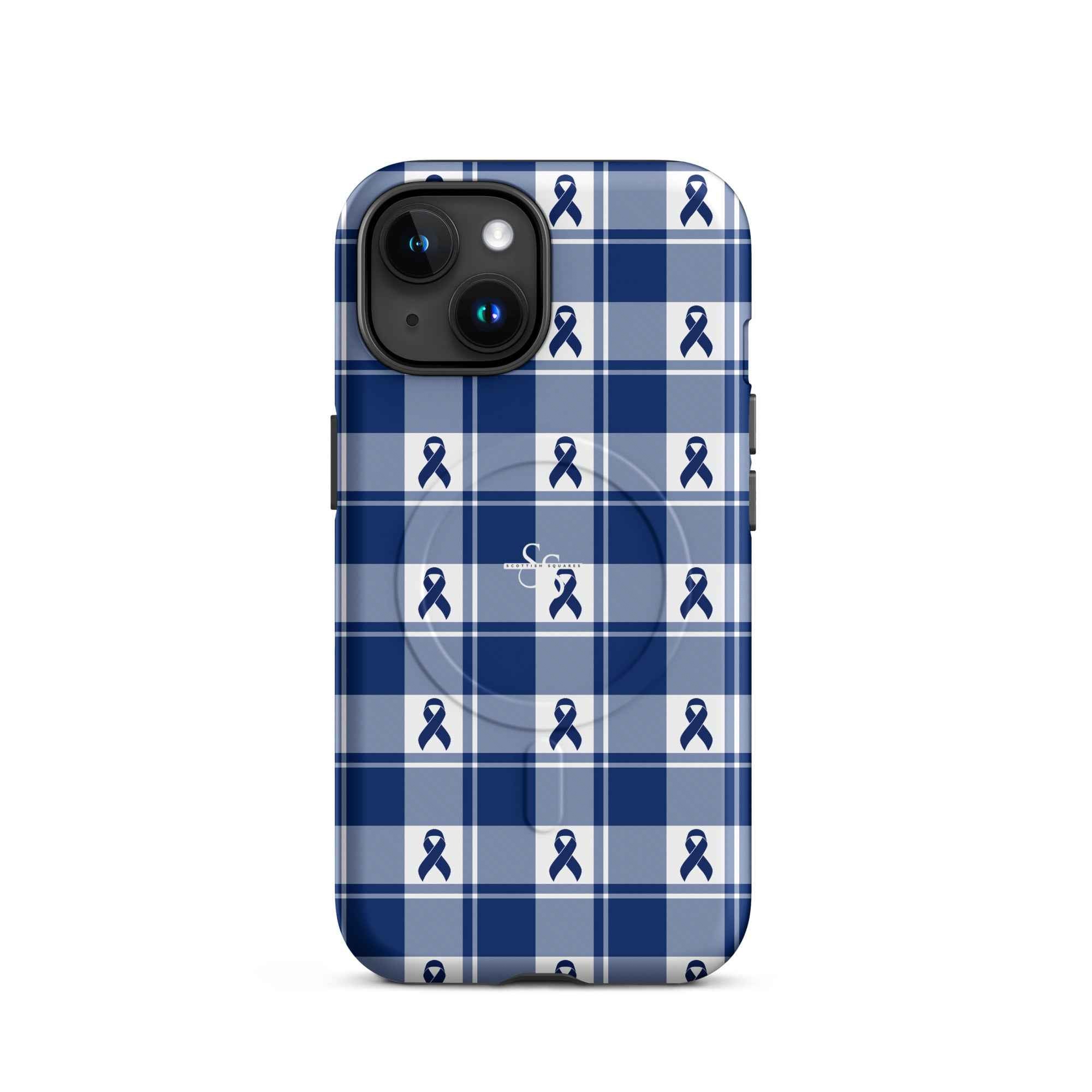 MagSafe Tough Case for iPhone Colorectal Cancer Awareness Plaid, Dark Blue Ribbon, Supportive Gift iPhone 15 - Scottish Squares