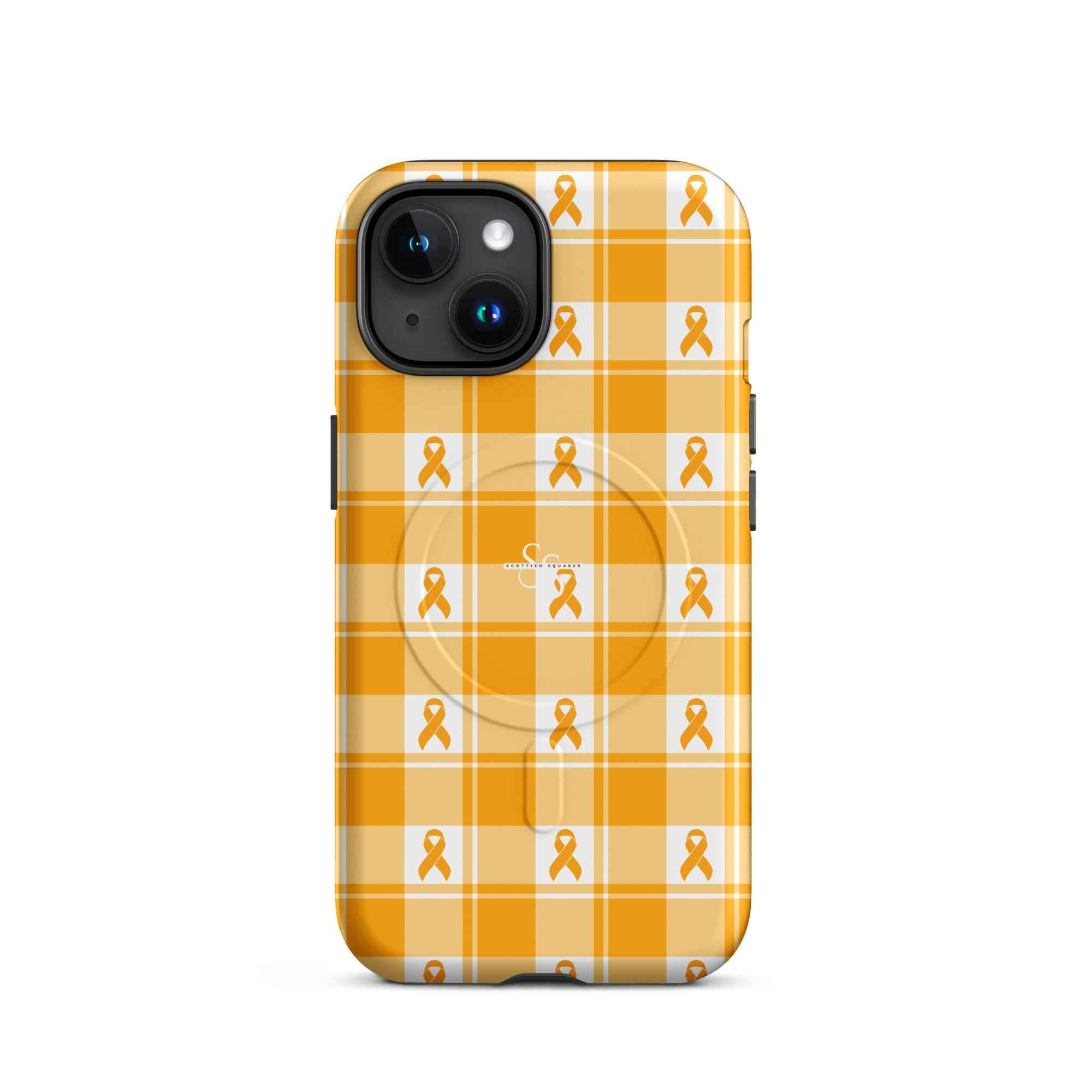 MagSafe Tough Case for iPhone Kidney Cancer Awareness Plaid, Orange Ribbon, Supportive Gift iPhone 15 - Scottish Squares