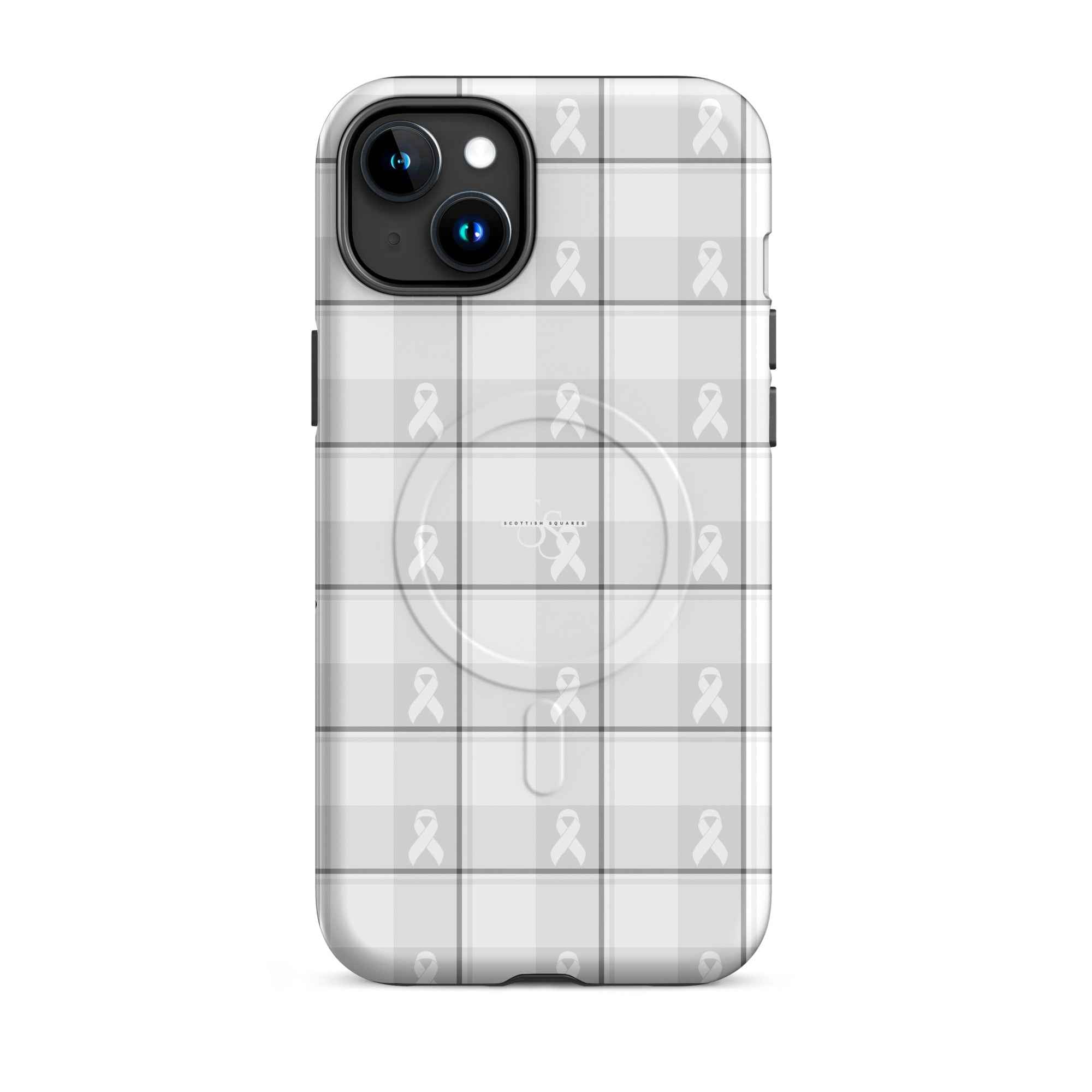 MagSafe Tough Case for iPhone Lung Cancer Awareness Plaid, White Ribbon, Supportive Gift iPhone 15 Plus - Scottish Squares