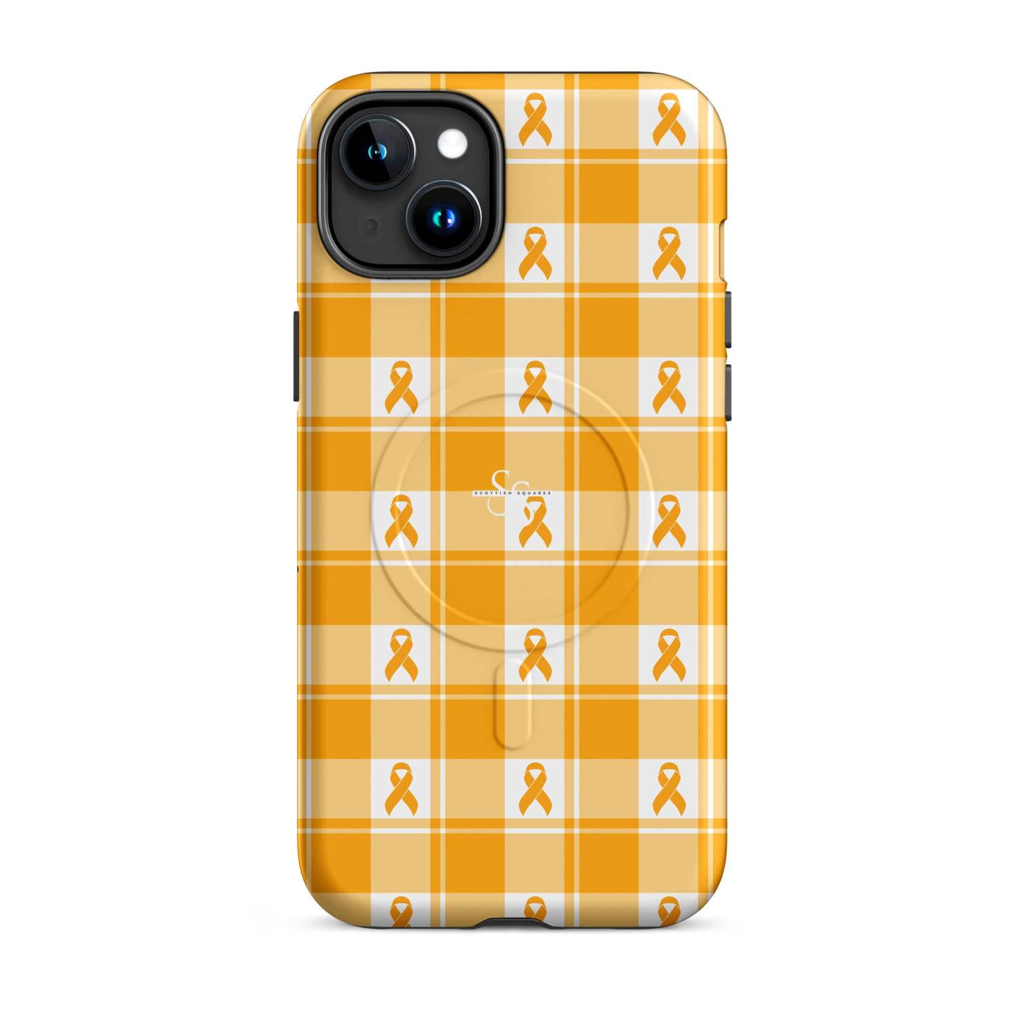 MagSafe Tough Case for iPhone Kidney Cancer Awareness Plaid, Orange Ribbon, Supportive Gift iPhone 15 Plus - Scottish Squares