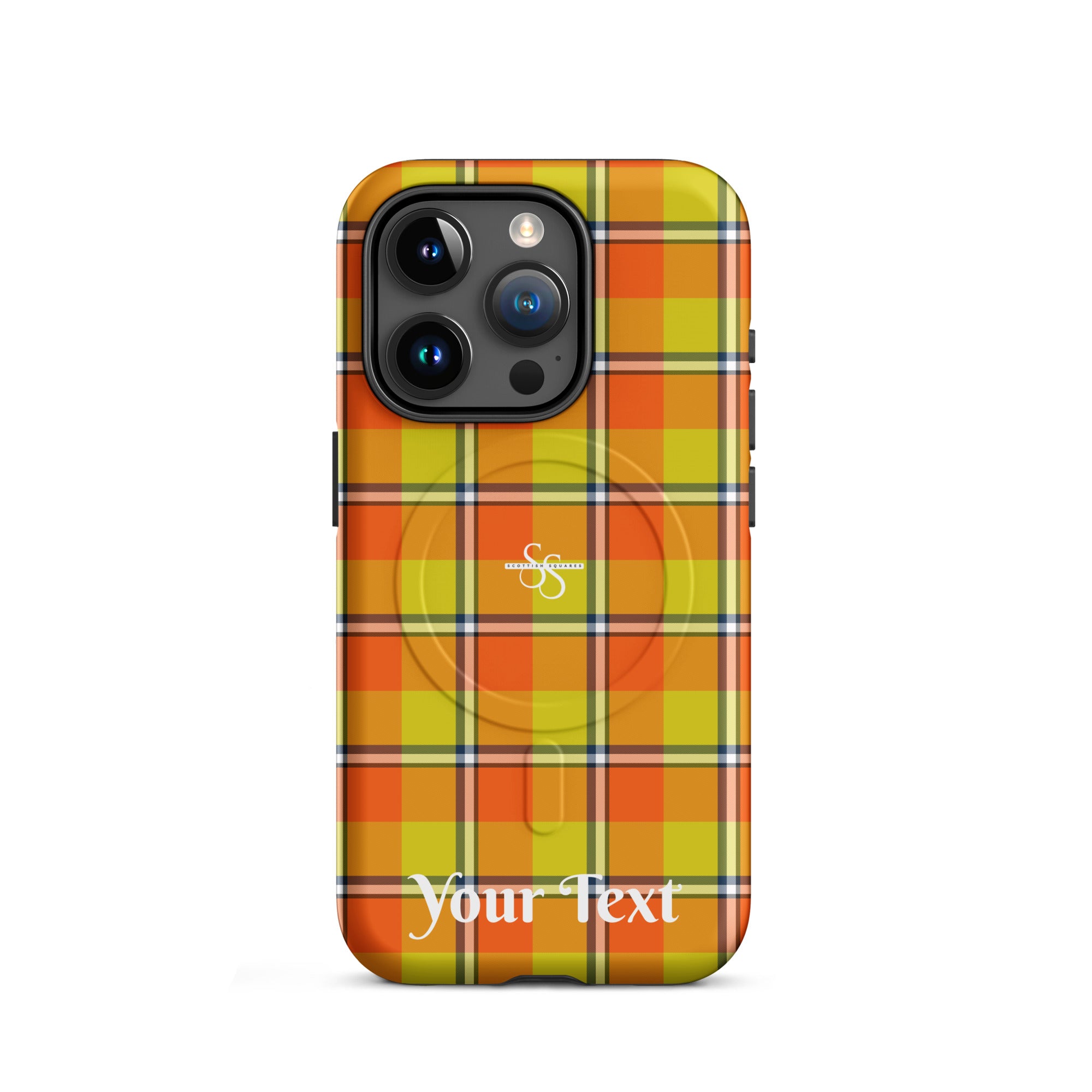 Personalized Blaze Orange and Bird Flower Plaid iPhone MagSafe Tough Case - Scottish Squares
