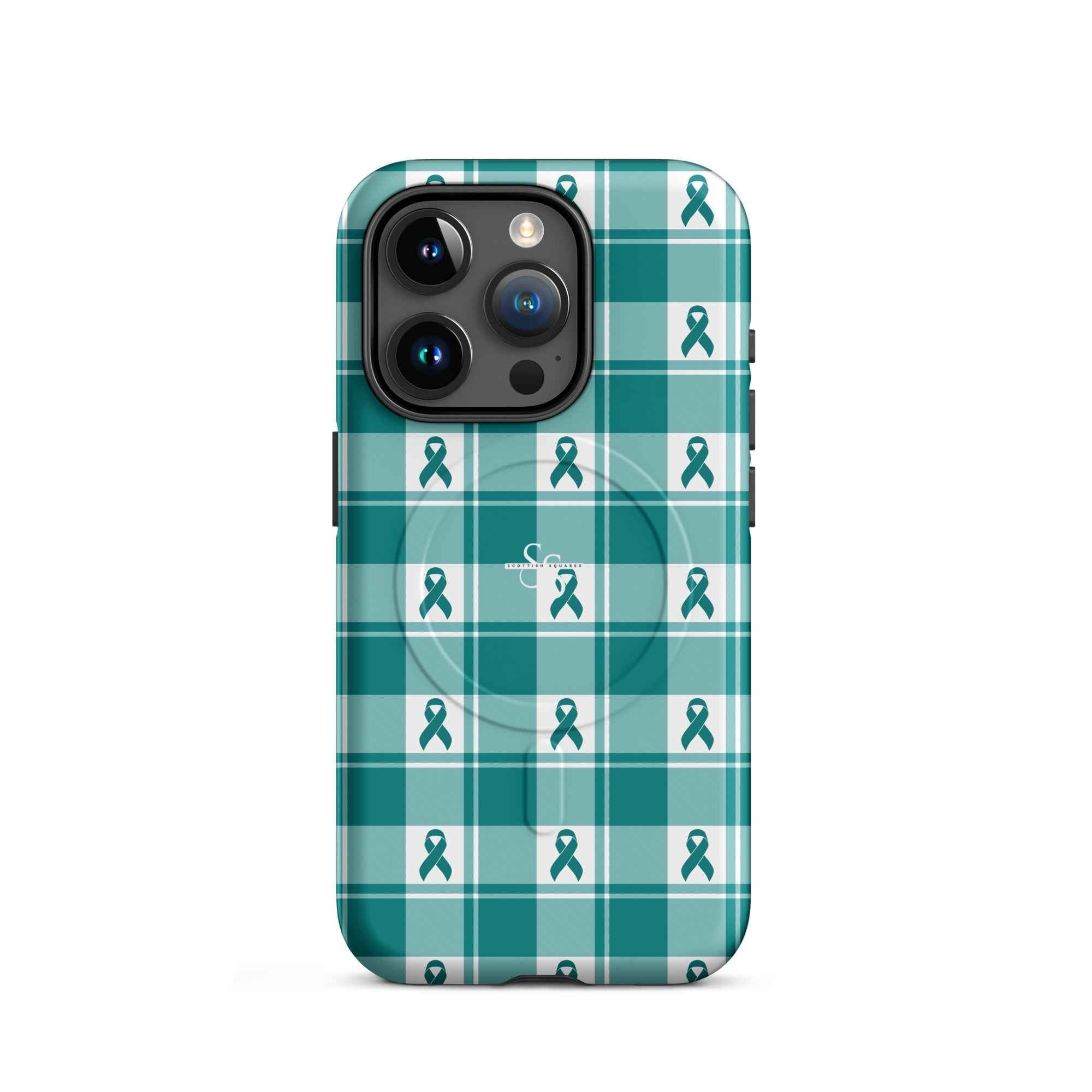 MagSafe Tough Case for iPhone Cervical Cancer Awareness Plaid, Teal Ribbon, Supportive Gift iPhone 15 Pro - Scottish Squares