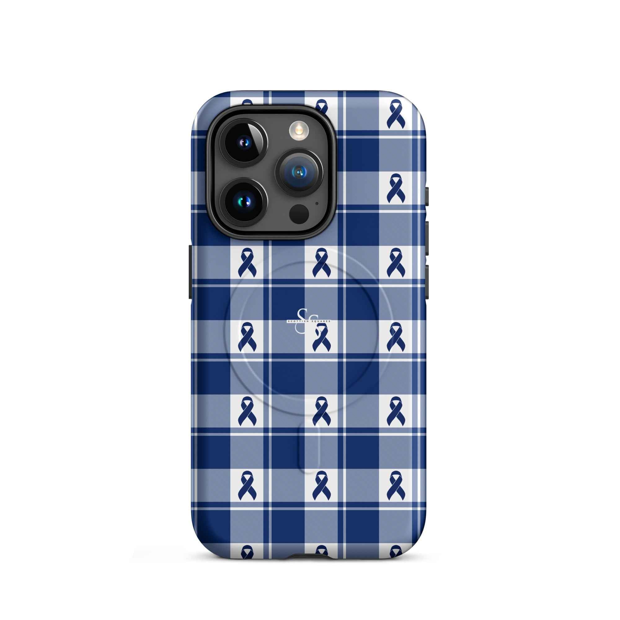 MagSafe Tough Case for iPhone Colorectal Cancer Awareness Plaid, Dark Blue Ribbon, Supportive Gift iPhone 15 Pro - Scottish Squares