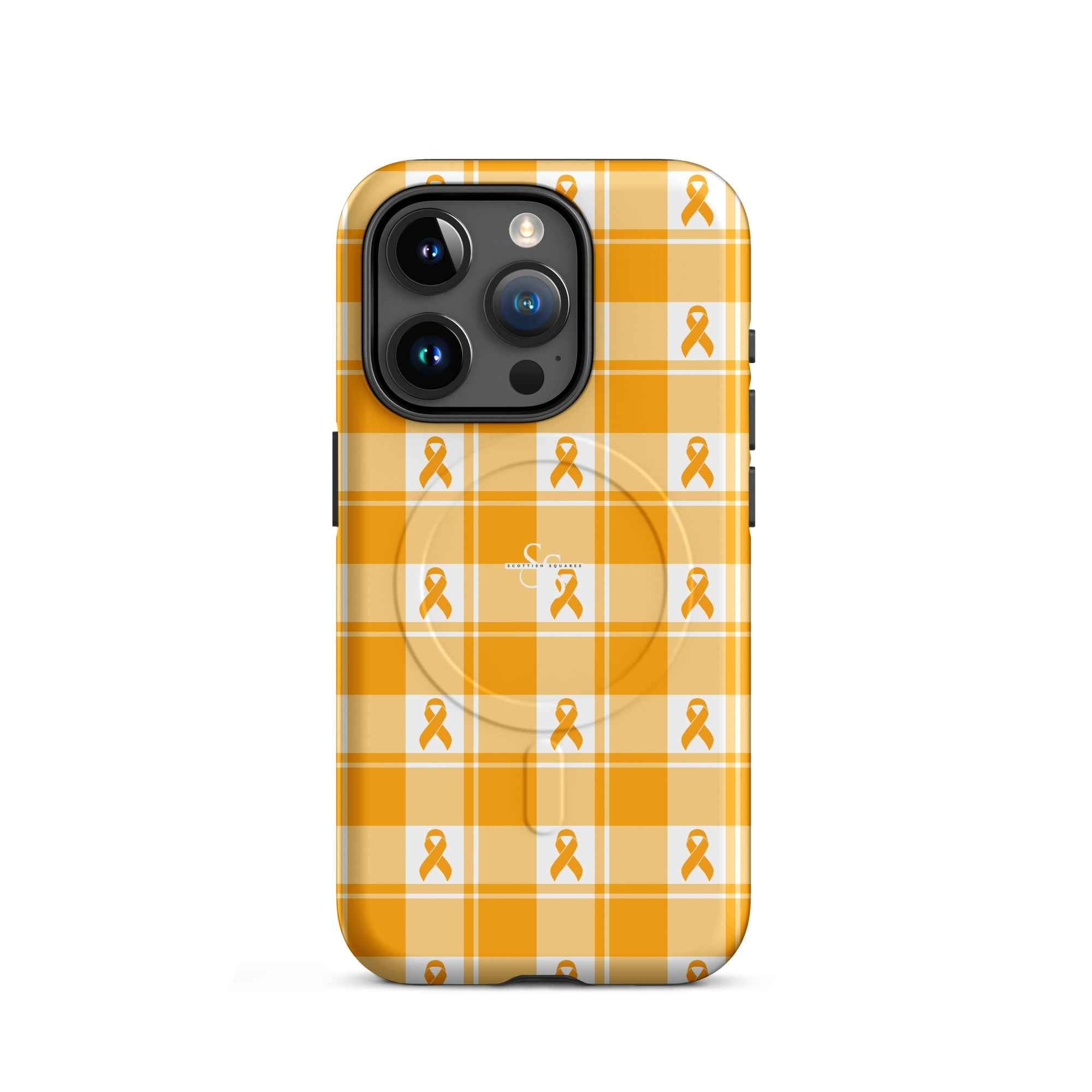 MagSafe Tough Case for iPhone Kidney Cancer Awareness Plaid, Orange Ribbon, Supportive Gift iPhone 15 Pro - Scottish Squares